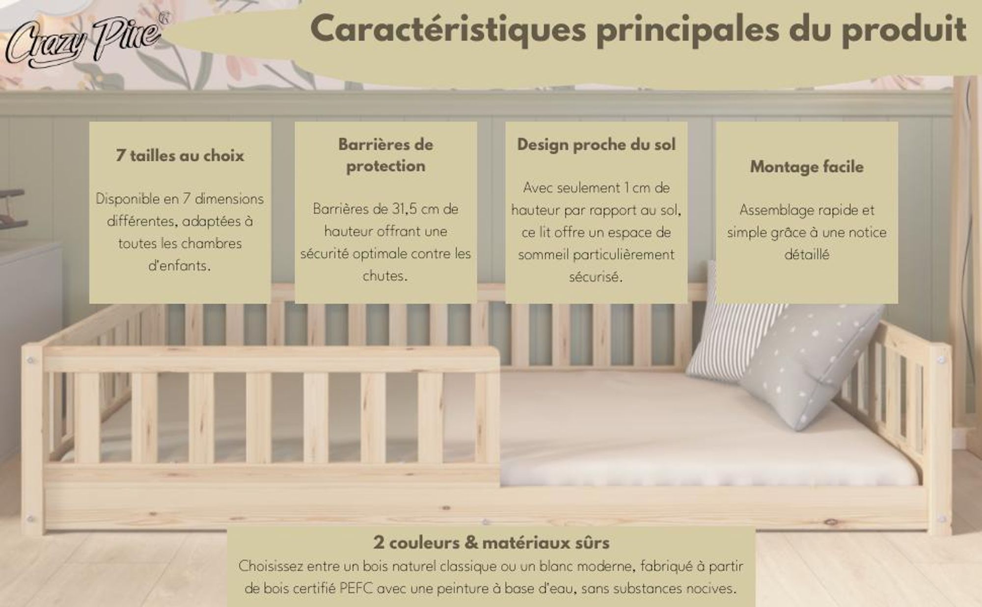 Crazy Pine Lit d'enfant 80x160 cm - Lit de sol Montessori massif en bois avec protection contre les chutes - Crazy Basic