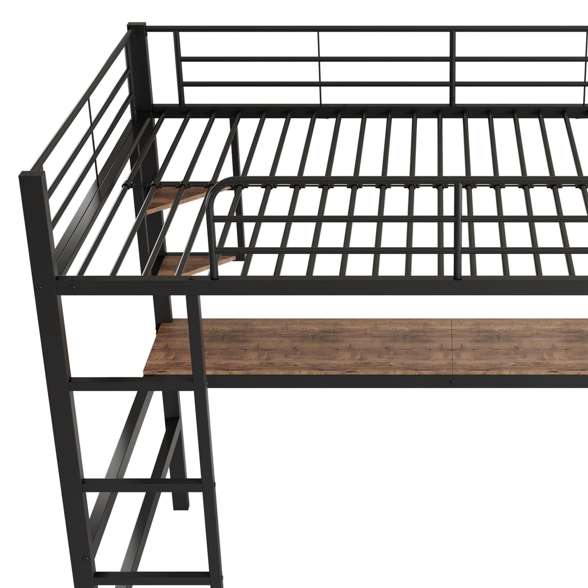 Merax Etagenbett Hochbett 90x200 cm, mit Schreibtisch, 5 kleinen Regalen, Metallbett Kinderbett, Jugendbett Stockbett, Schwarz
