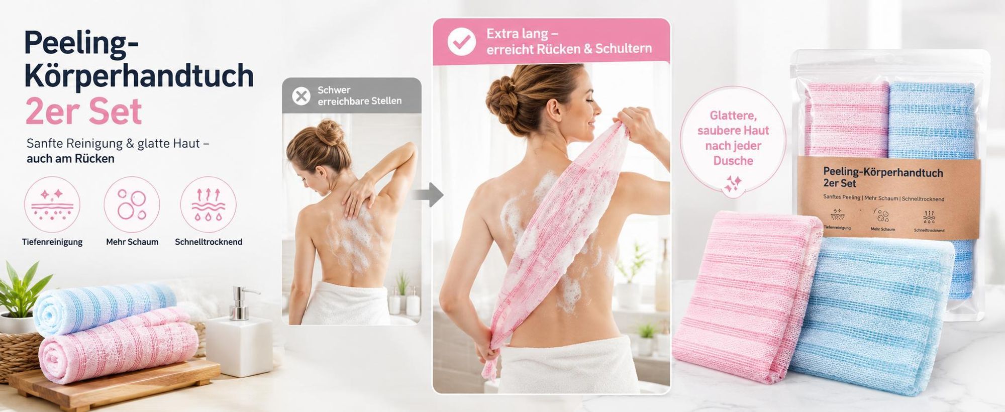 2er Set 100x25cm Peeling Körpertuch, Peeling Handtuch aus porösen Nylonfasern, Peeling Duschtuch - EXFOLIOR
