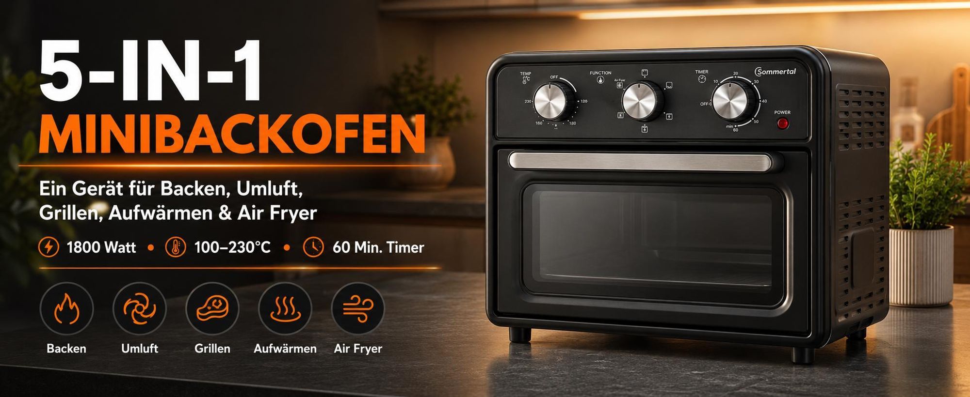 Sommertal Minibackofen 20 Liter mit Umluft & Heißluftfritteuse, 1800W Tischbackofen, Backen, Grillen & Pizza, Airfryer Funktion, 100–230°C