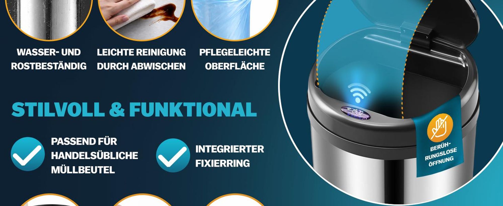 Sensor-Abfalleimer 50 l, Schwarz, Edelstahl