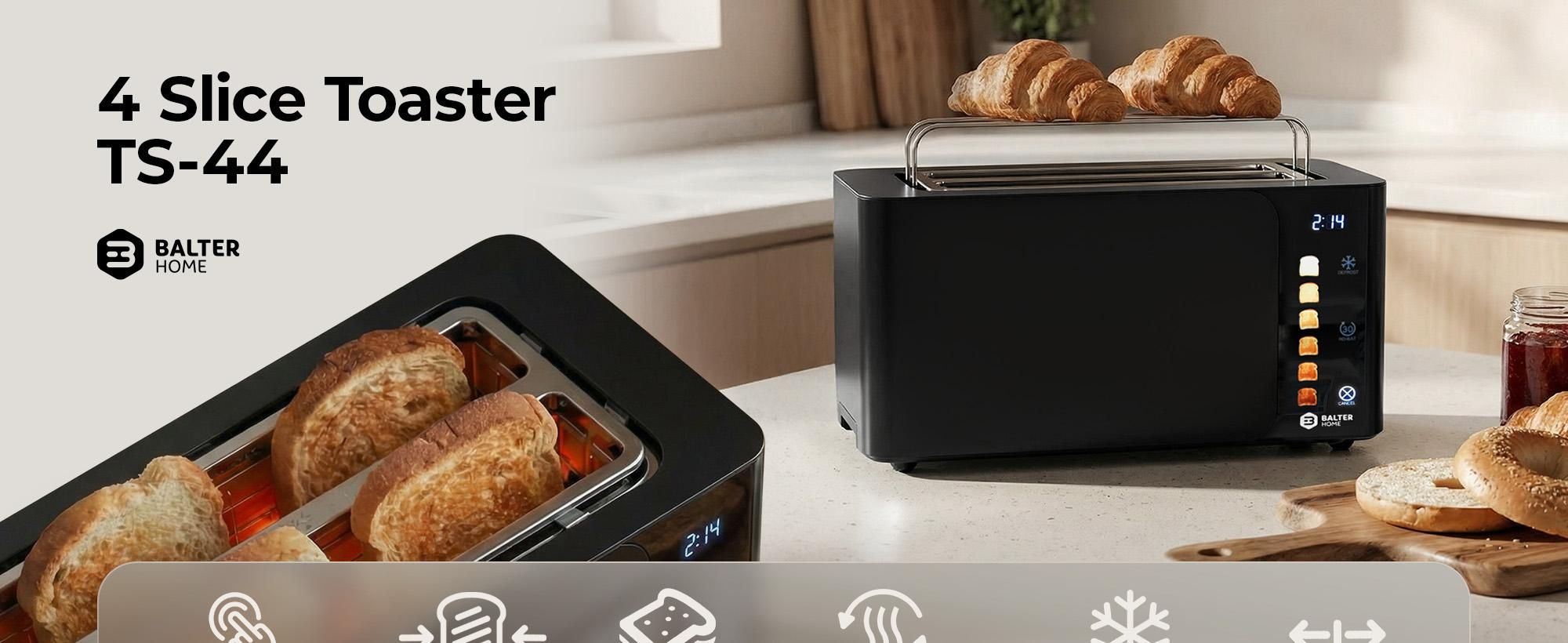 Balter Toaster 4 Scheiben, Edelstahl, Langschlitztoaster mit Brötchenaufsatz, 1500W, LCD Display, Defrost-/Aufwärmfunktion, Krümelschublade, Schwarz