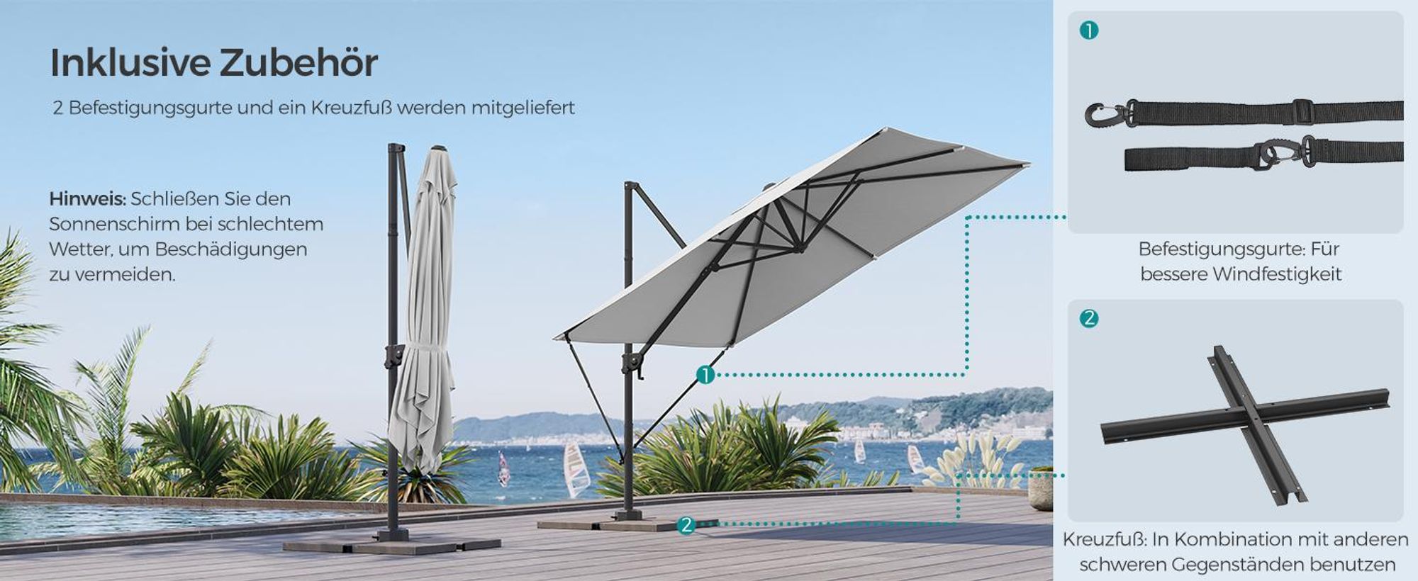 SONGMICS Sonnenschirm, 270 x 270 cm, UPF 50+, Gartenschirm, um 360° drehbar