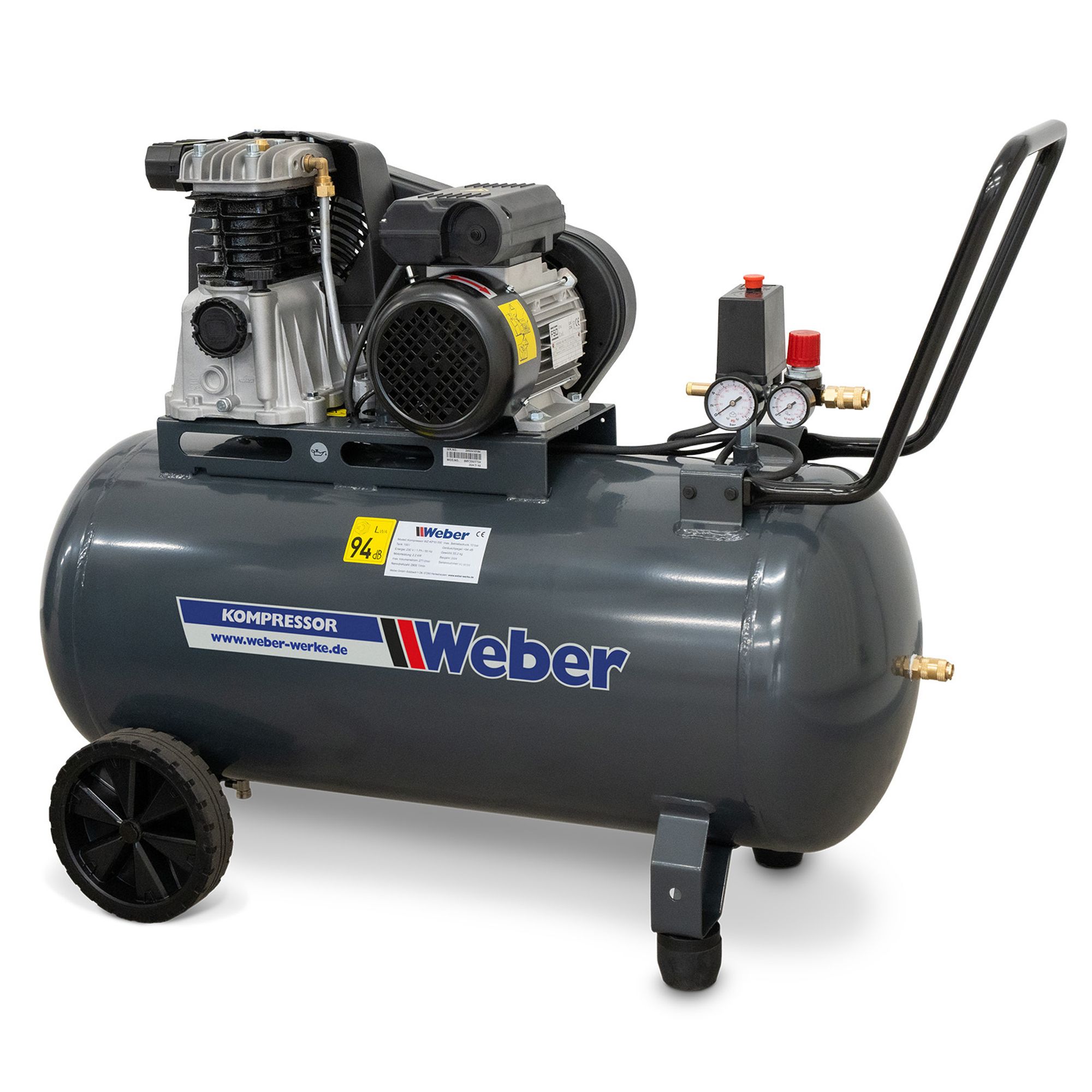 Weber Druckluft Kompressor 10 bar Arbeitsdruck 100L Tank 335 l/min grau 230 V Werkstattkompressor Schnellkupplung Druckluftkompressor