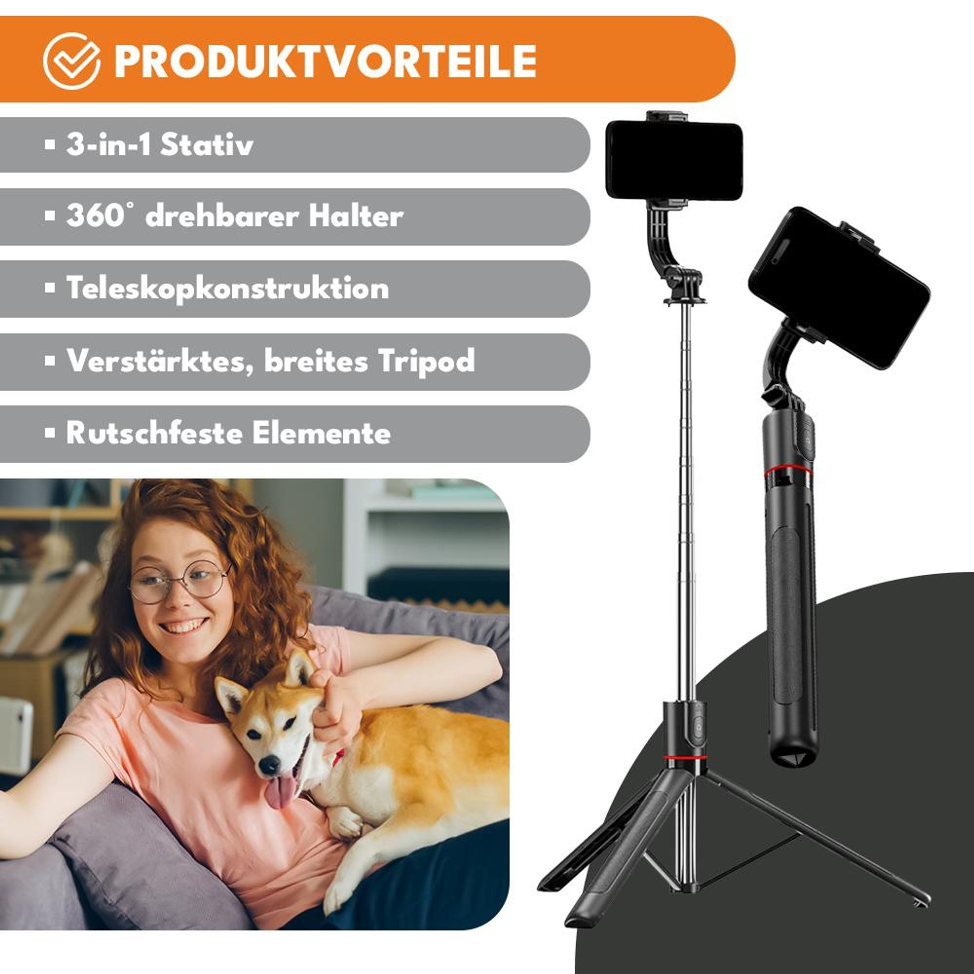 KRUMAD Handy Stativ mit Selfie Stick 170 cm – teleskopisches Smartphone Tripod aus Aluminium für iPhone & Android, Video, Vlog & Reisen