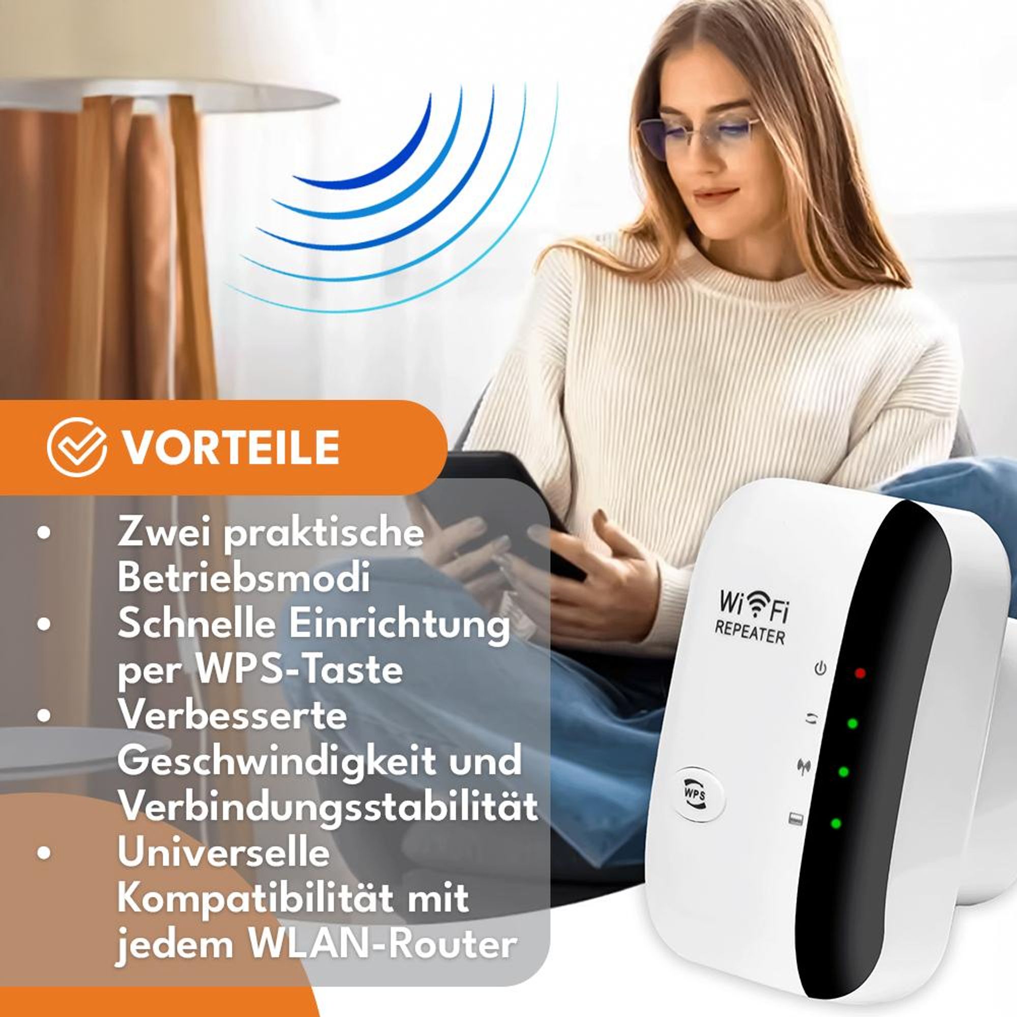 KRUMAD WLAN Repeater Steckdose 2.4 GHz – WiFi Verstärker mit WPS & LAN Port – Kompakter WLAN Extender für Haus & Wohnung, idealer Signalverstärker