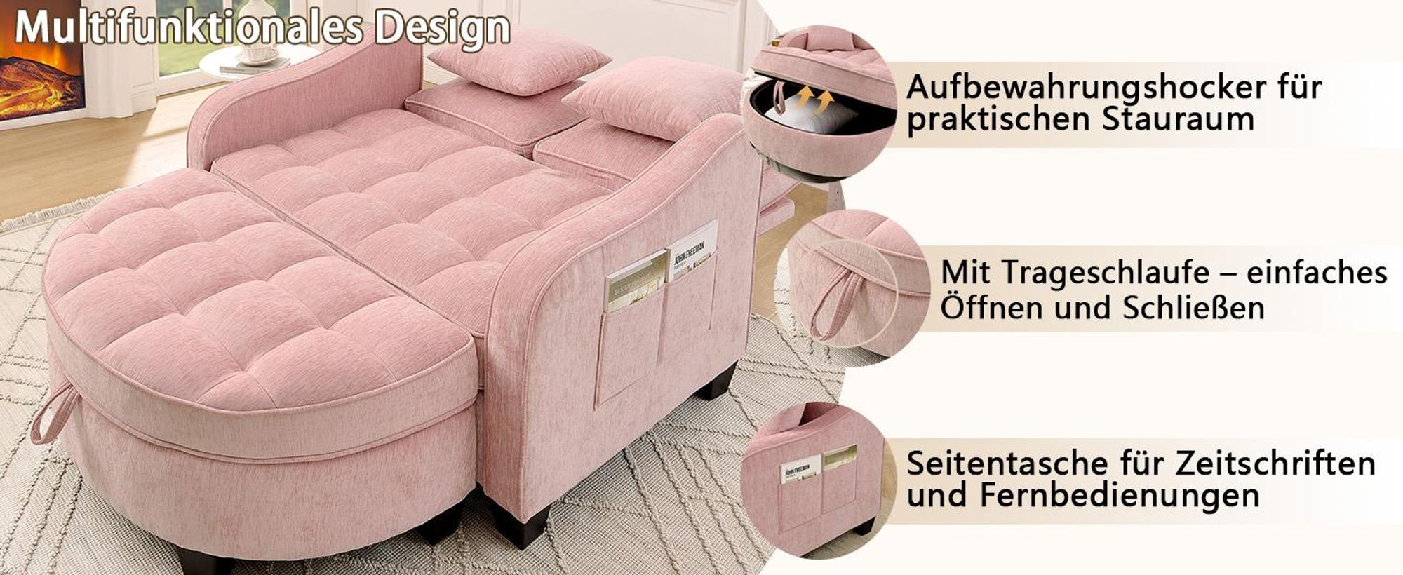 MODFU Multifunktionales Sofa Schlafsofa mit Aufbewahrungs-Hocker,Relaxsofa mit rutschfeste Kunststoffbeine,Rosa