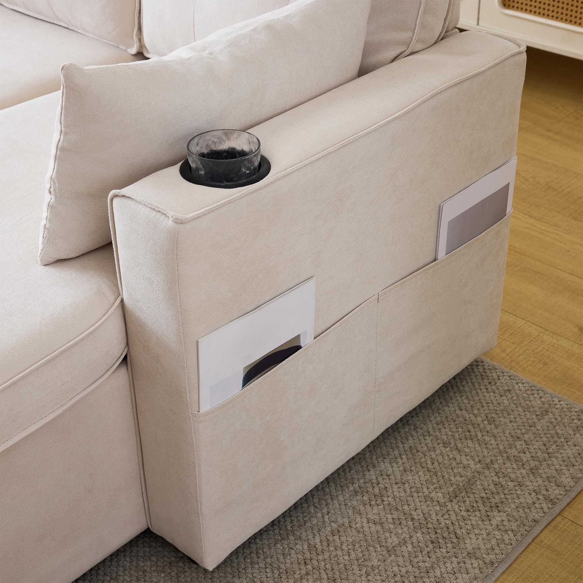 Merax Ecksofa, L-Form Sofa mit Schlaffunktion und Bettkasten, Couch mit Getränkehalter, 3-Sitzer Wohnzimmersofa, Couchgarnitur, Bettsofa, Beige