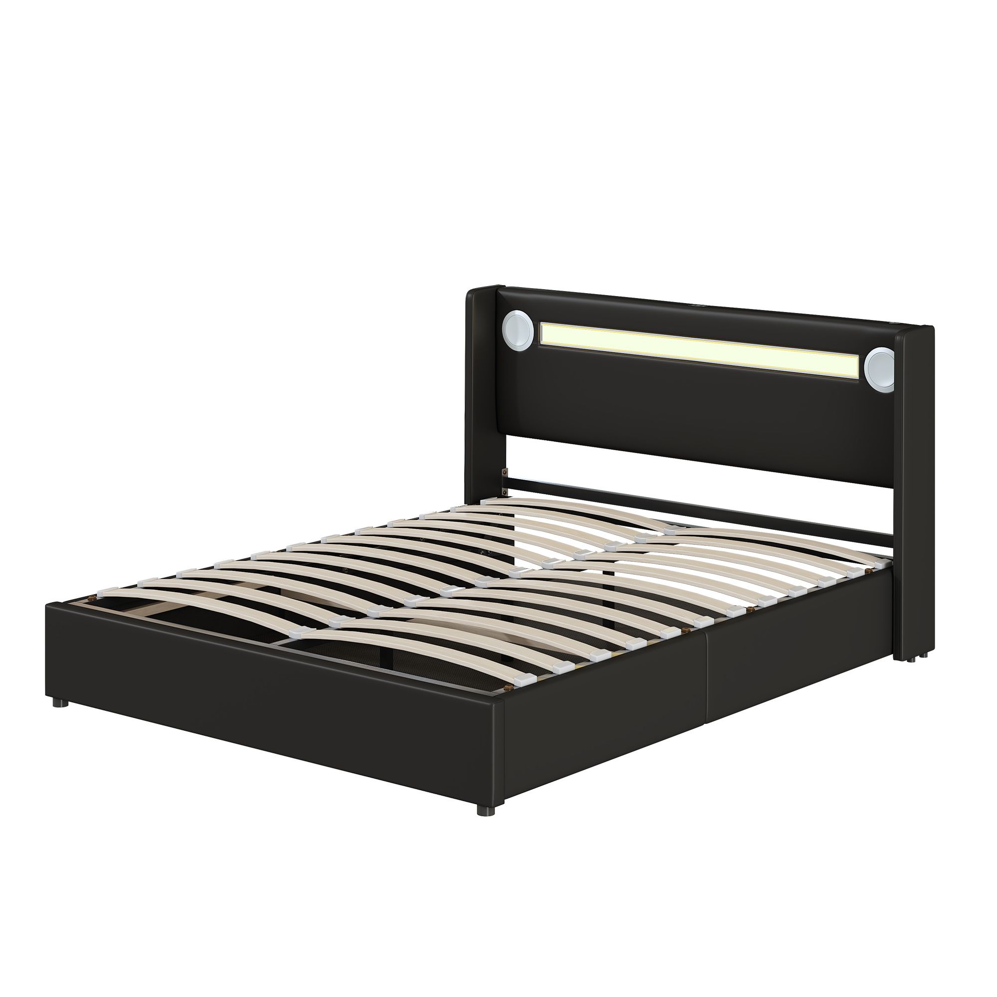Flieks Polsterbett 160x200cm mit USB und Bluetooth-Player, Boxspringbett Doppelbett mit LED und Lattenrost, Stauraumbett Jugendbett, PU, Schwarz