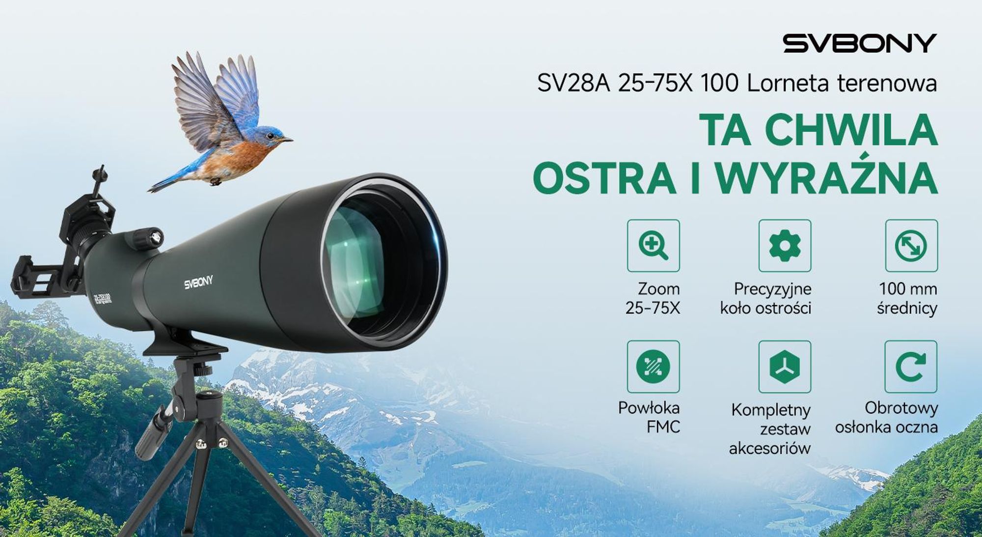 Svbony SV28A 25-75x100 mm Luneta obserwacyjna, Luneta celownicza, duże pole widzenia, pryzmat Porro H-K9L FMC, z adapterem do telefonu komórkowego