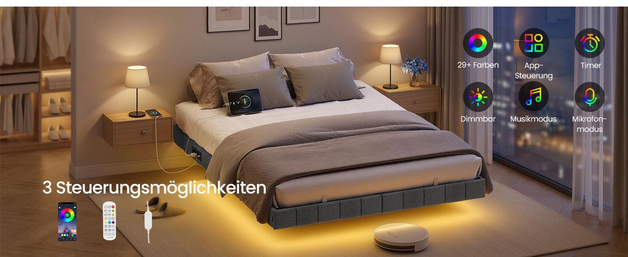 VASAGLE Bettrahmen 140 x 200 cm, mit LED-Beleuchtung, Bettgestell, schwebender Effekt, Steckdosenleiste, grau