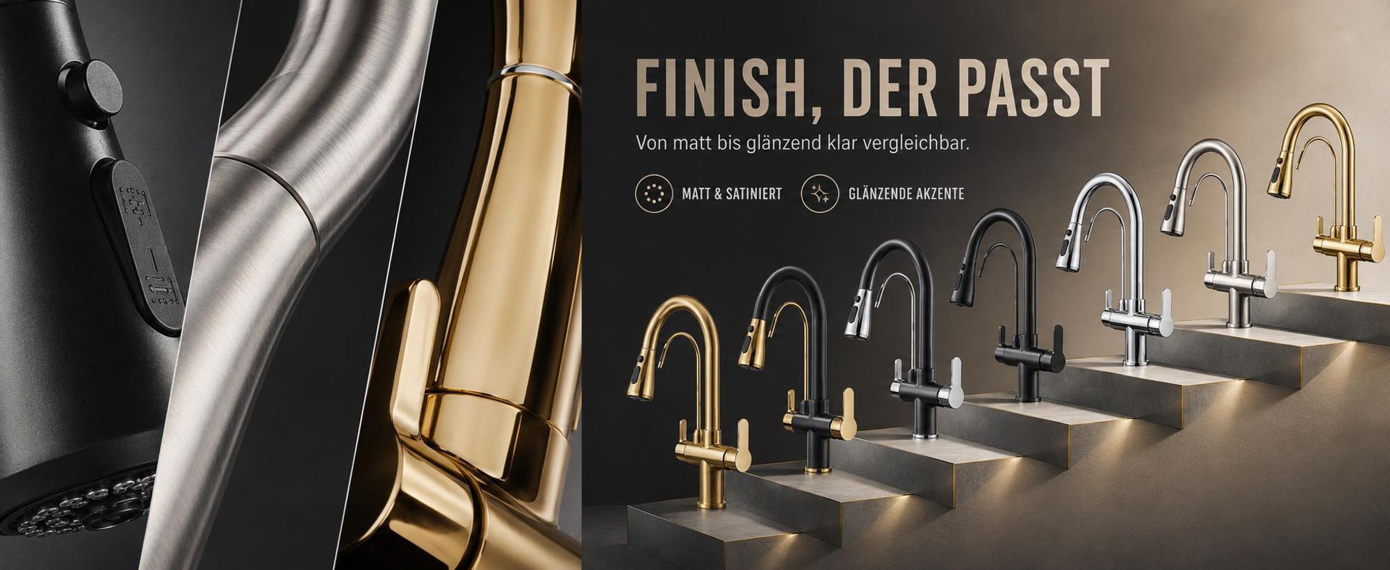 3-Wege Küchenarmatur NORDIC mit Wasserfilter-Anschluss, herausziehbare Brause, 360° schwenkbar, getrennte Wasserwege, Keramikkartusche Schwarz-matt