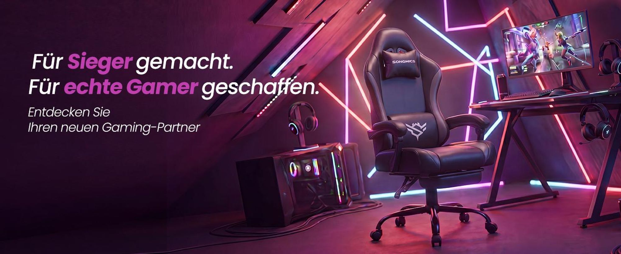 SONGMICS Gaming Stuhl, Ergonomischer Bürostuhl aus Kunstleder, mit Fußstütze und Lendenkissen, 135° Neigung, 70 x 70 x 120-130 cm, Schwarz
