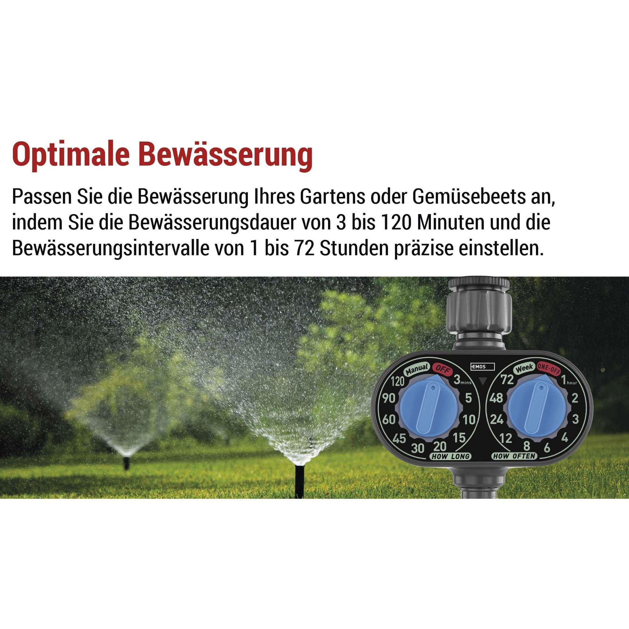 EMOS mechanische Bewässerungsuhr mit 1 Ausgang, batteriebetrieben, bis 8bar, 35 l/min, manuell, 3-120m alle 1-72h,  für 1″ bzw. 3/4″-Gewinde, PW56001