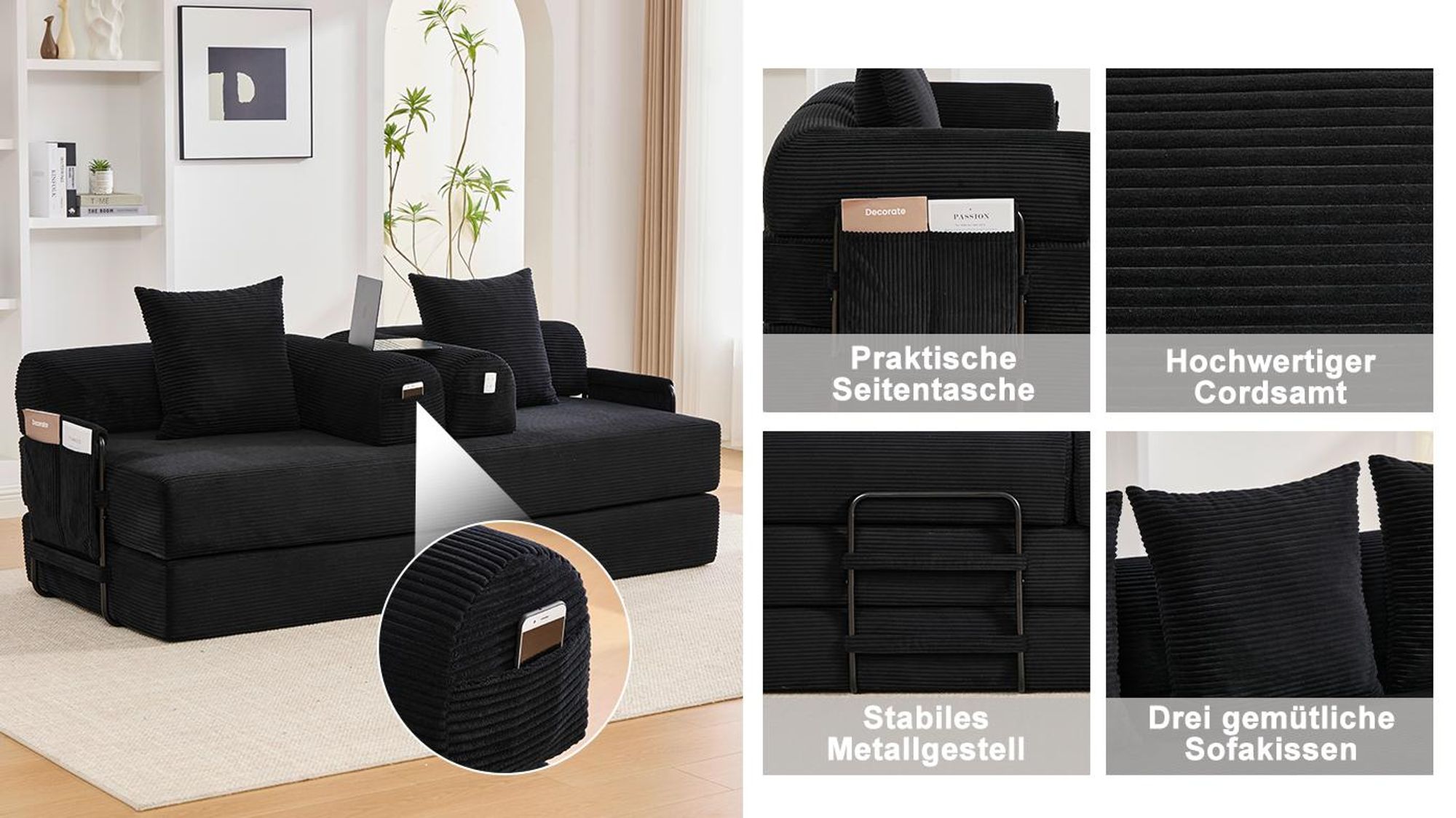 LVHOM Klappbares Schlafsofa aus Cordstoff, Modulares Tagesbett mit Metallgestell, Klappsofa Bodensofa mit Stauraum, 300kg Belastbarkeit, Rot