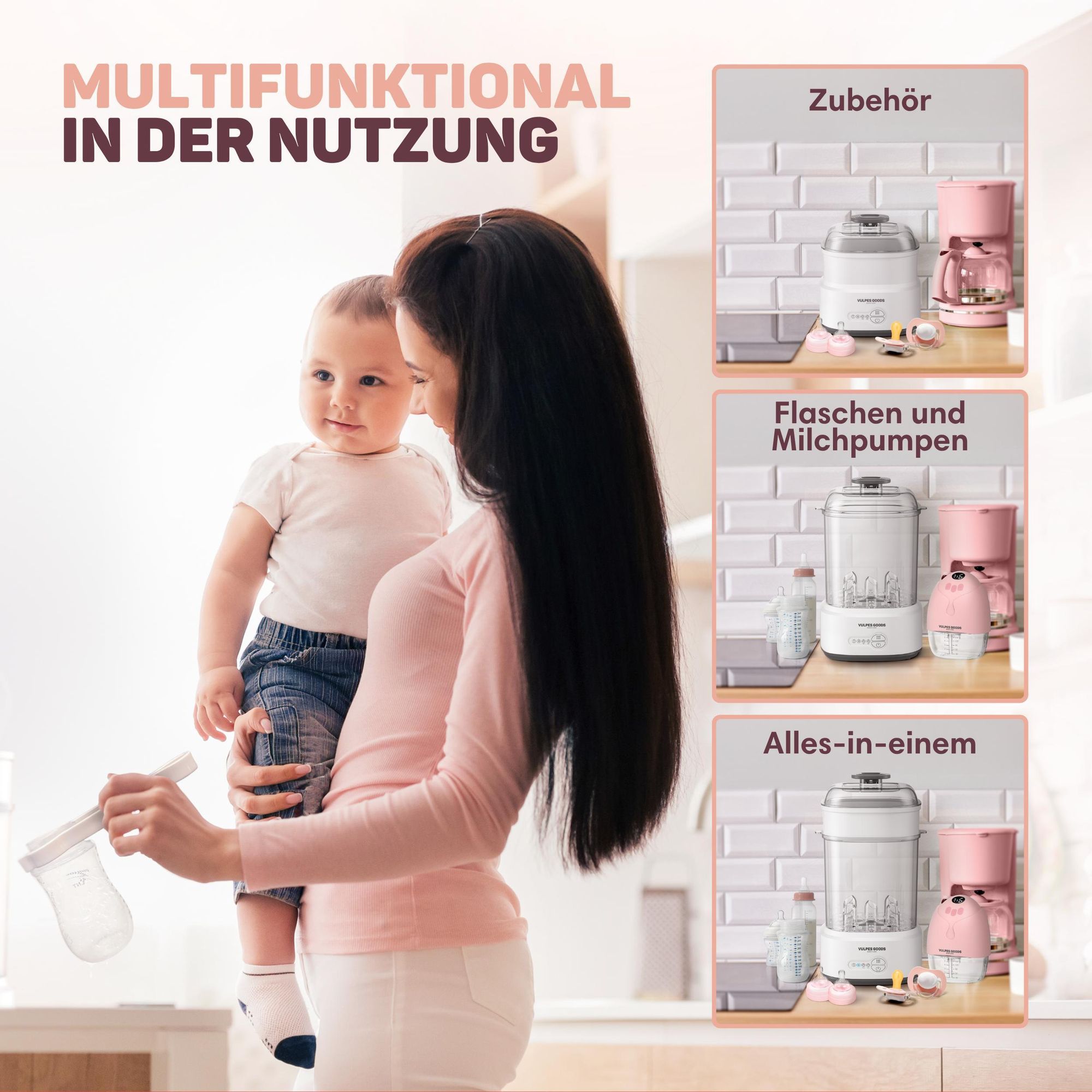 Vulpes Goods PRO Sterilisator für Babyflaschen 5-in-1 Komplettfunktion, Flaschensterilisator Baby Reinigungsset mit Dampftechnologie