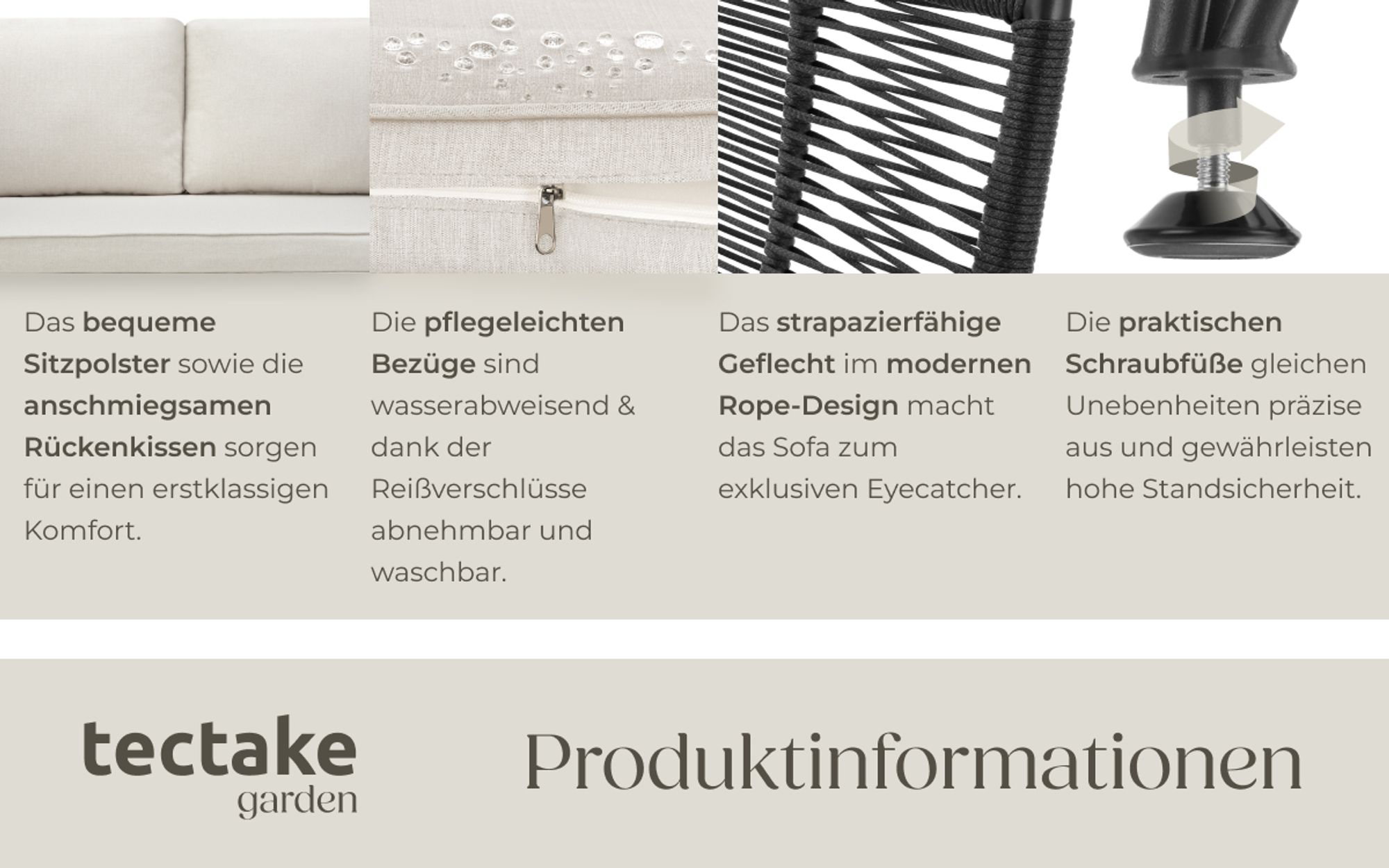 tectake® Garten-Loungesofa Sundo im Rope-Design mit Polyrattan