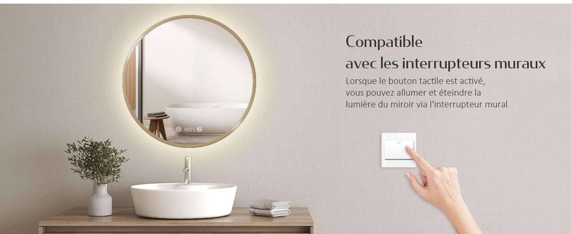 EMKE Miroir de salle de bain rond LED avec éclairage ф60cm Cadre doré brossé Miroir de salle de bain rond avec antibuée, horloge, température, variateur, fonction mémoire - Lumières neutres 4300K