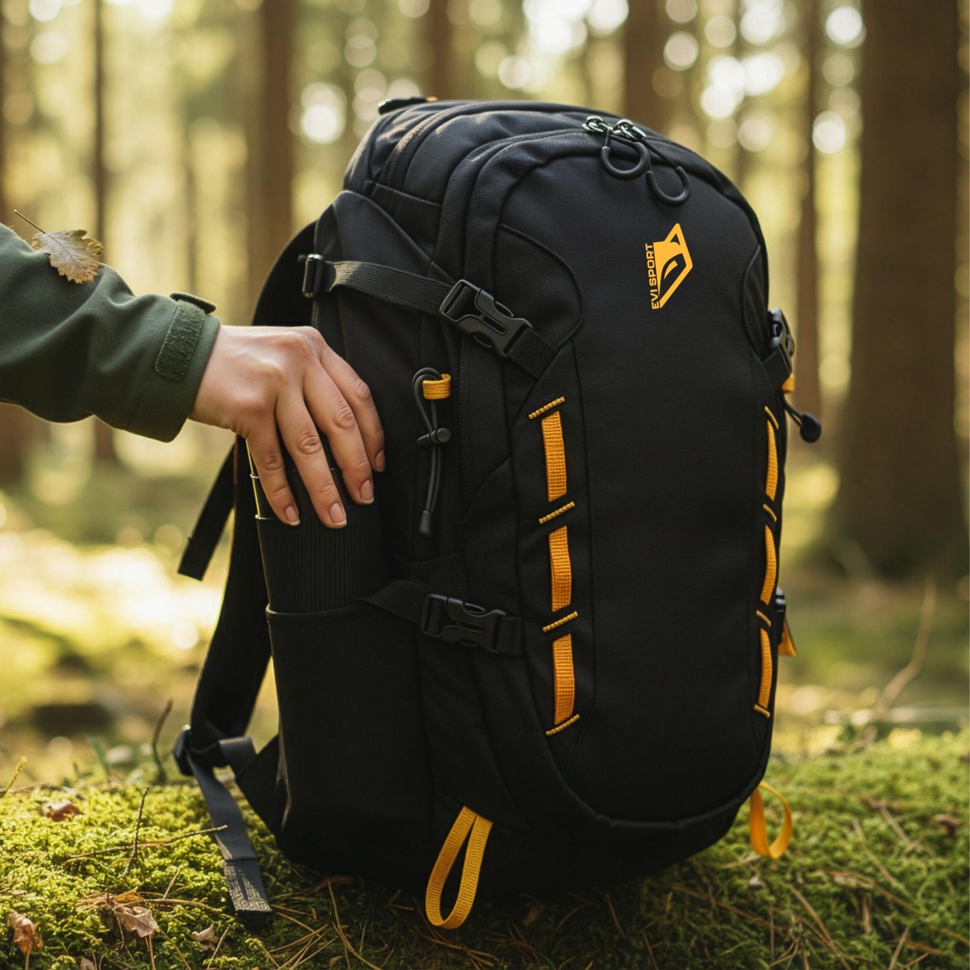 Wanderrucksack 40L Trekkingrucksack Herren & Damen, Titan-Core™ Nylon Outdoor Rucksack mit Regenschutz & Hüfttaschen, EVI SPORT Explorerpack Schwarz