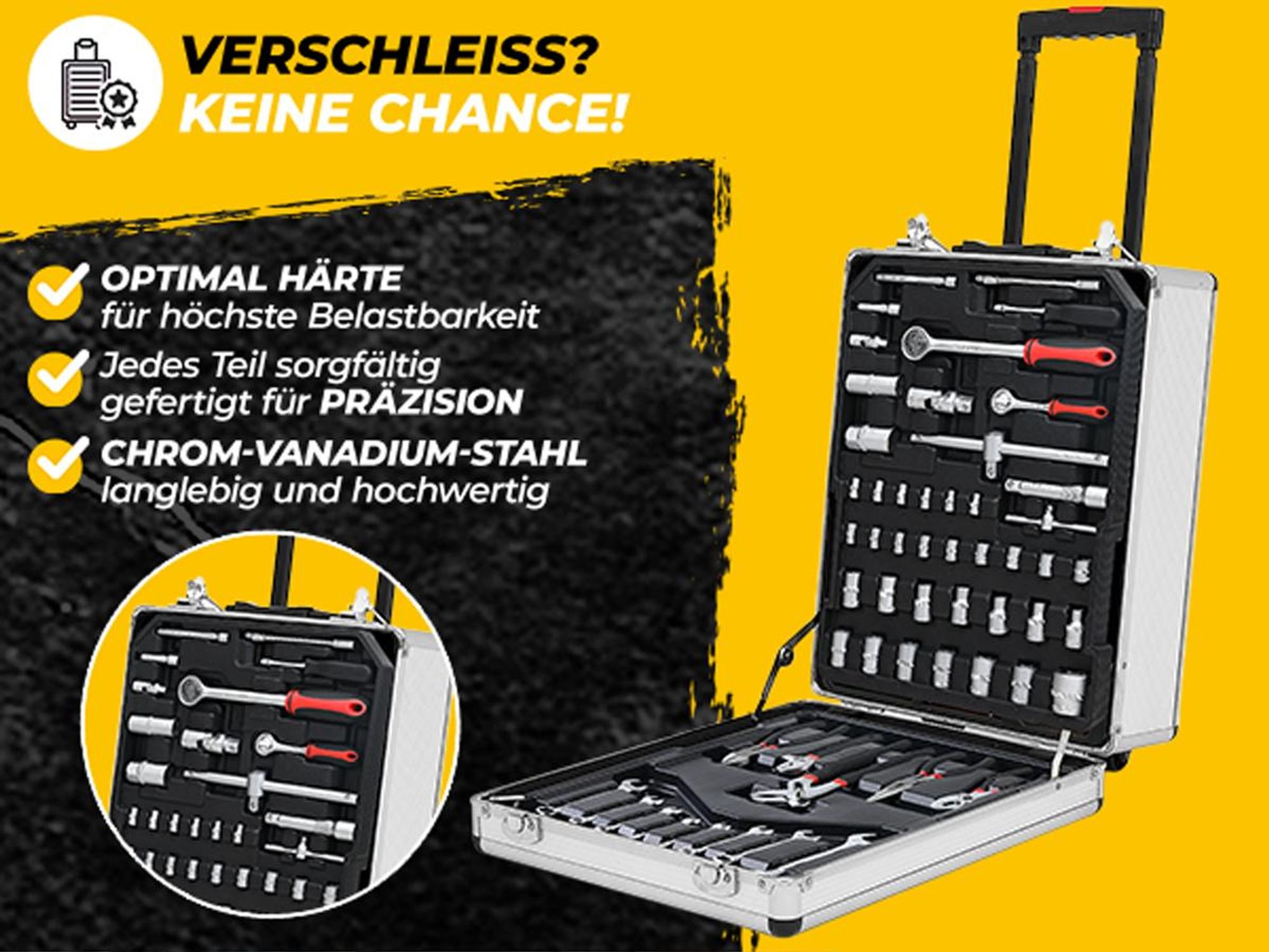 MONZANA® 1050tlg Werkzeugtrolley CrV-Stahl Werkzeugkoffer Aluminiumkoffer mit Rollen Teleskopgriff Abschließbar Qualitätswerkzeug Werkzeugset Anthrazit