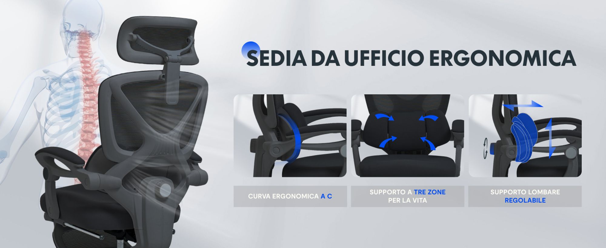 Sedia da ufficio ergonomica FLEXISPOT con poggiatesta 3D, supporto lombare regolabile, funzione dondolo 90-135°, braccioli di collegamento, poggiapiedi, 136 kg nero