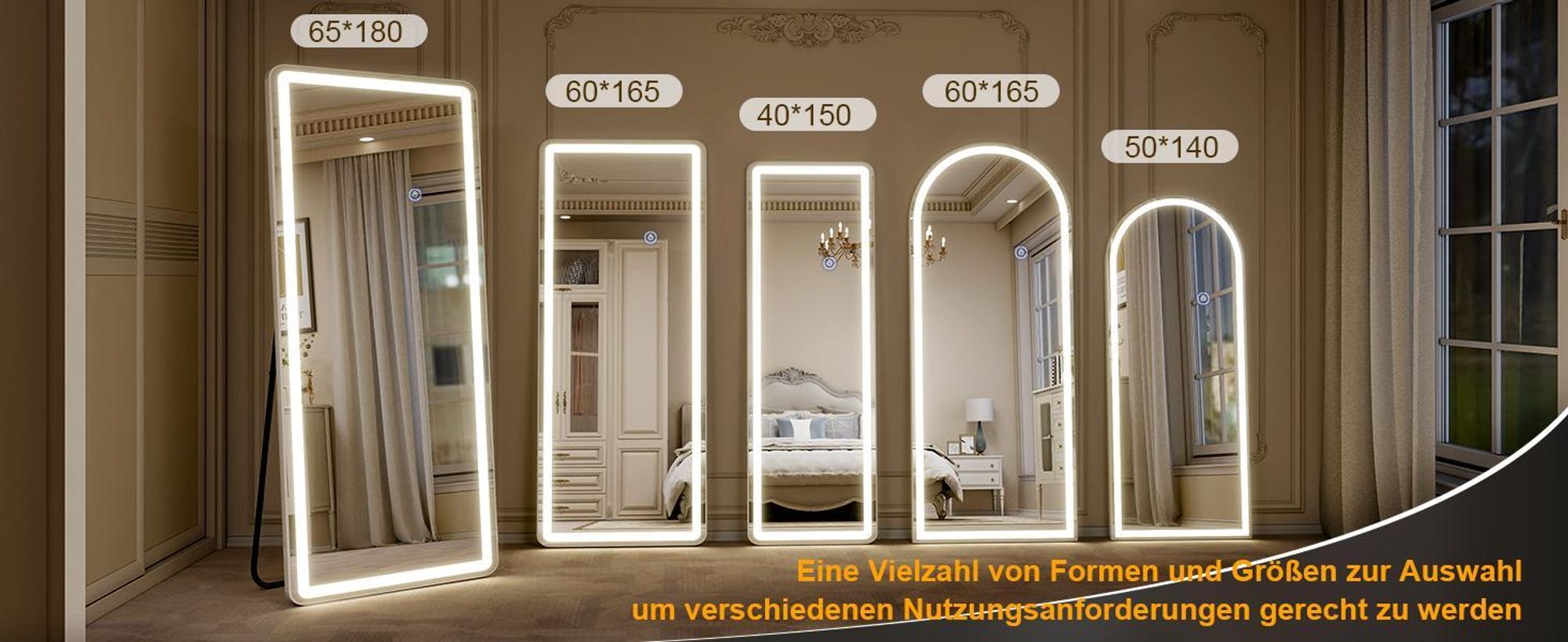 Koonmi LED Ganzkörperspiegel 180 x 66 cm stabiler Rahmen mit Touch, LED Spiegel mit Touchsteuerung, 3 Lichtfarben und beschlaghemmender