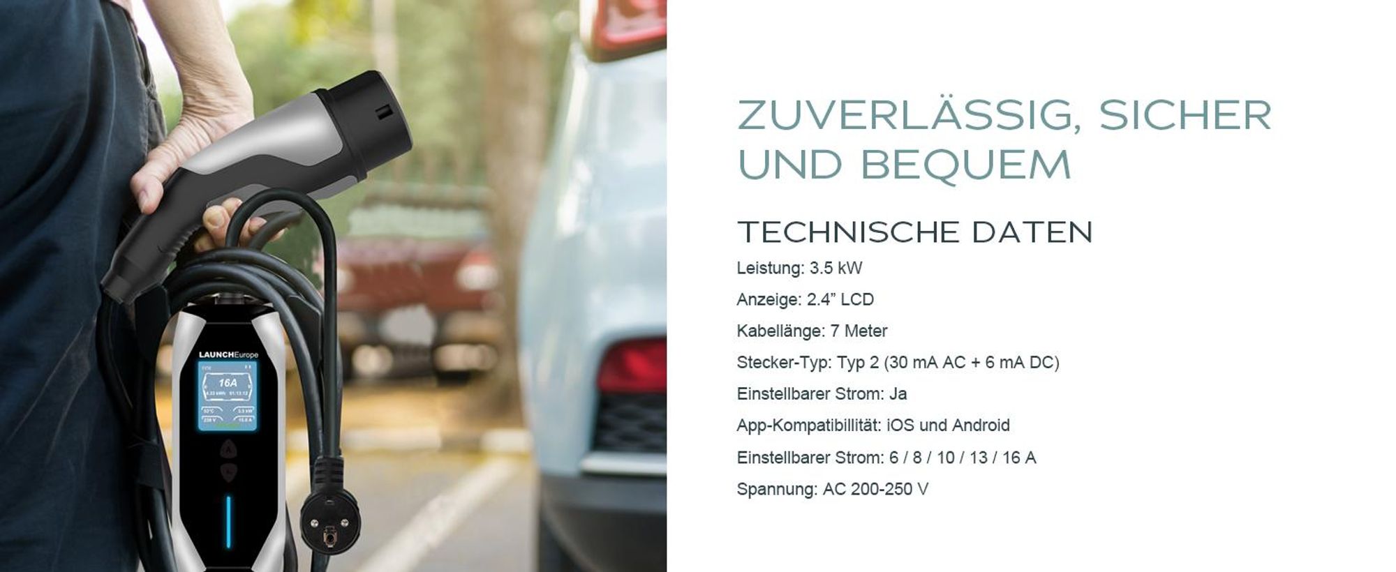 LAUNCH Tragbares Elektroauto-Ladegerät 3,68 kW 16A 3-phasig Typ 2 - 7m Kabel mit Schuko-Stecker,250V,mit 0-12h verzögertes Laden