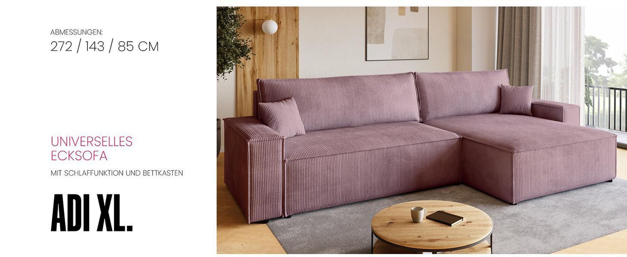 BroMARKT Ecksofa ADI XL Schlaffunktion Bettkasten L-Form 125x230 cm Hellgrau