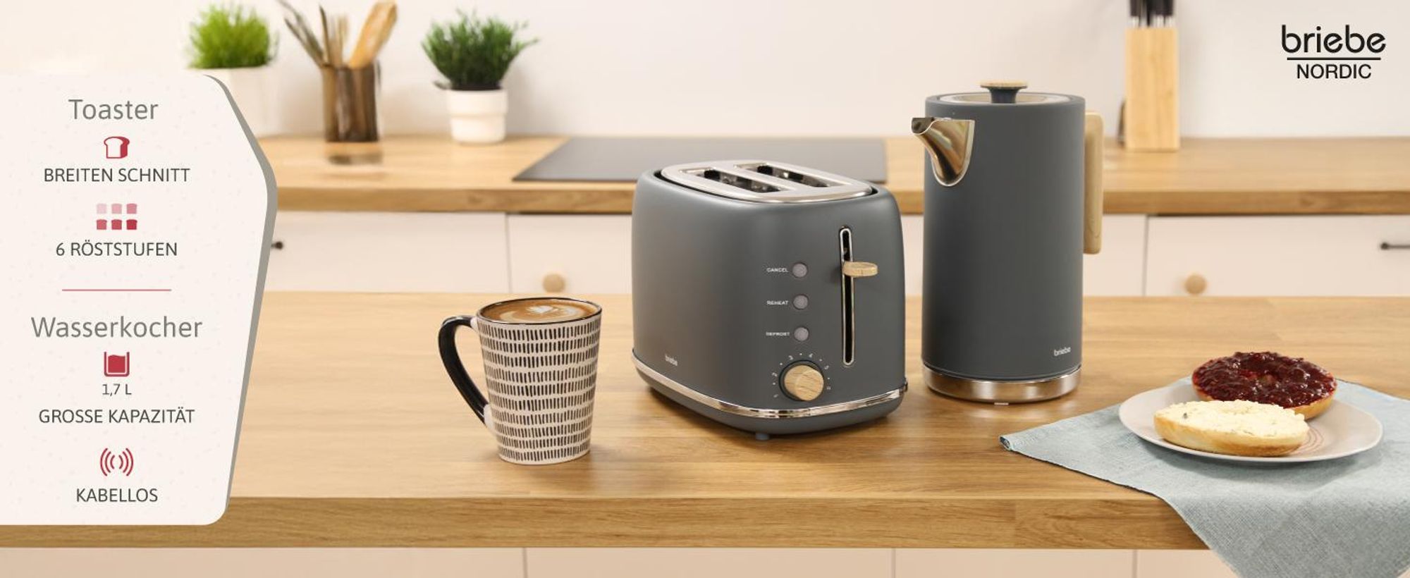 Briebe SKT1167GRY, Grau, Holz, 1,7 l, 2200 W, 2 Scheibe(n), 870 W, 2 Stück(e)