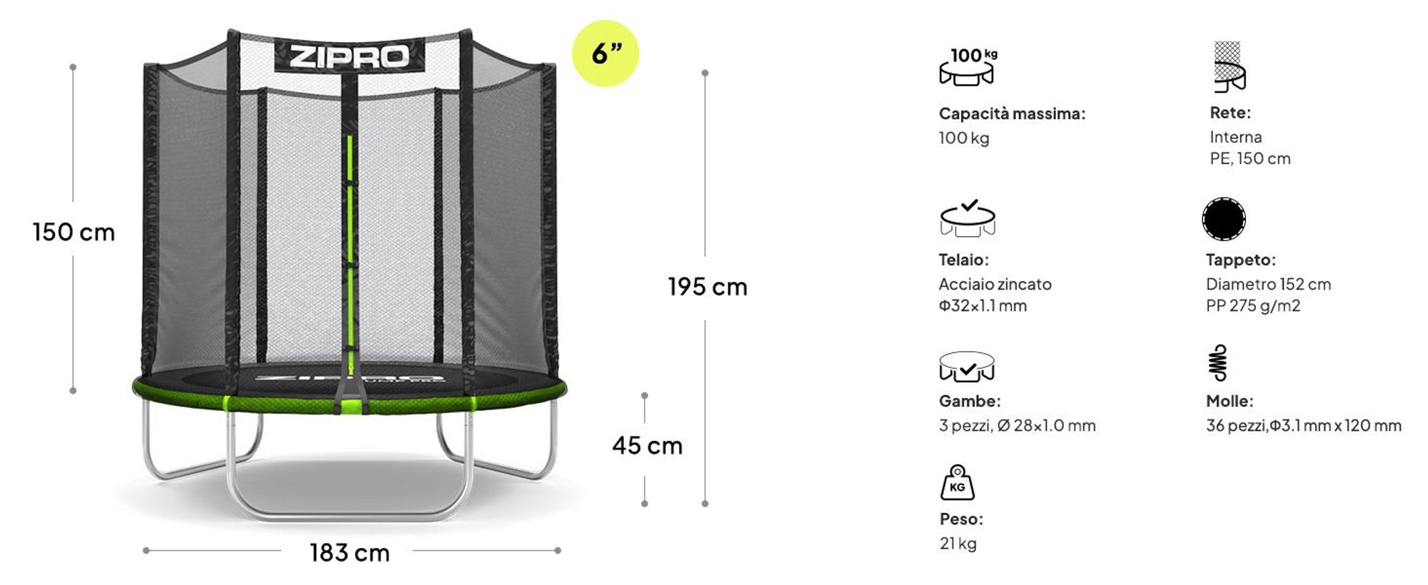 Trampolino ZIPRO Jump Pro Out | 6FT Ø 183 cm | Trampolino da giardino per bambini, set completo con rete di protezione, copertura per il bordo, per esterni, verde