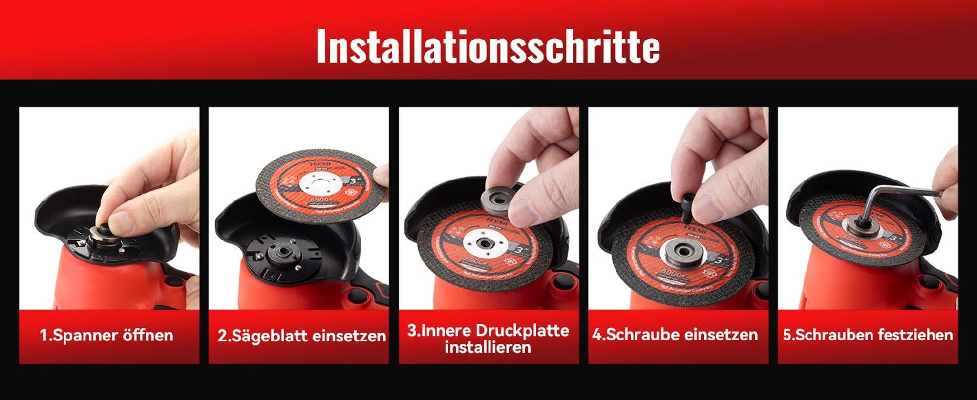 Winkelschleifer TEENO 19.500 U/min – kabellose Schleifmaschine, 76 mm, Komplettset mit 2 Akkus 2000 mAh und 6 Scheiben – zum Schleifen, Polieren