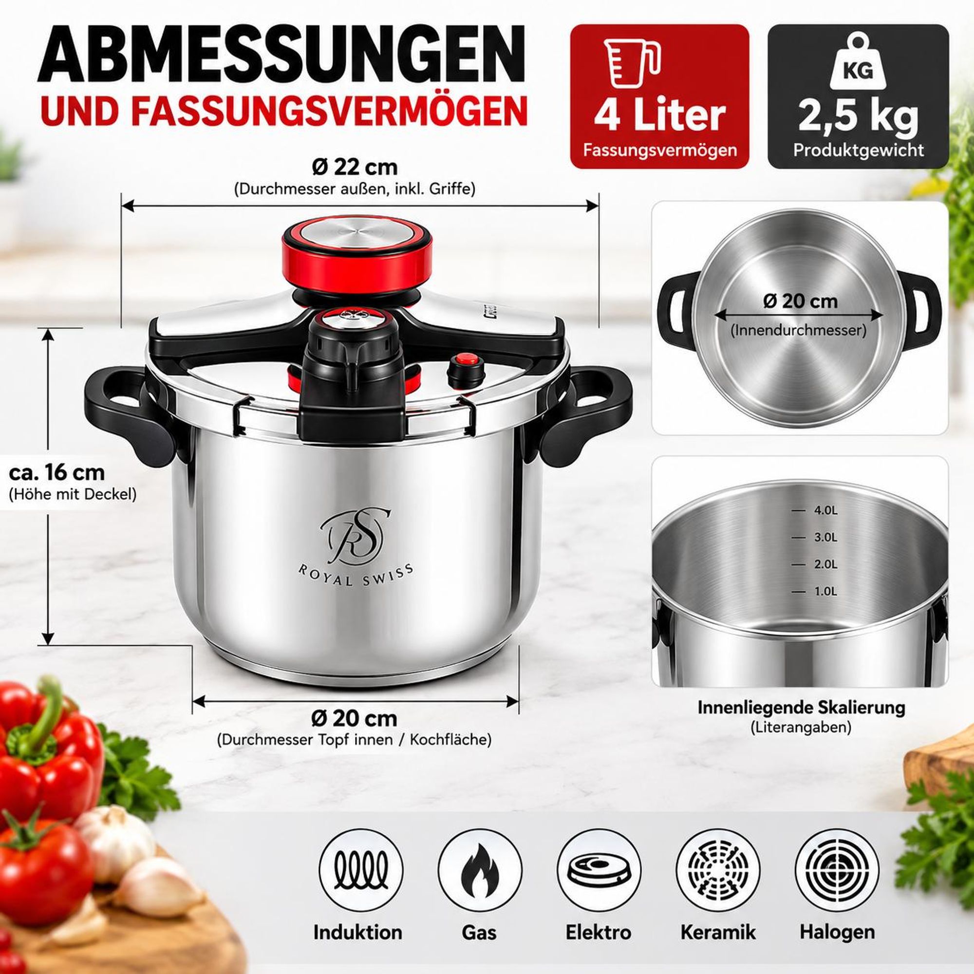 Royal Swiss Schnellkochtopf 4 Literaus Edelstahl mit Abmessungen, Ø 20 cm und 2,5 kg Produktgewicht