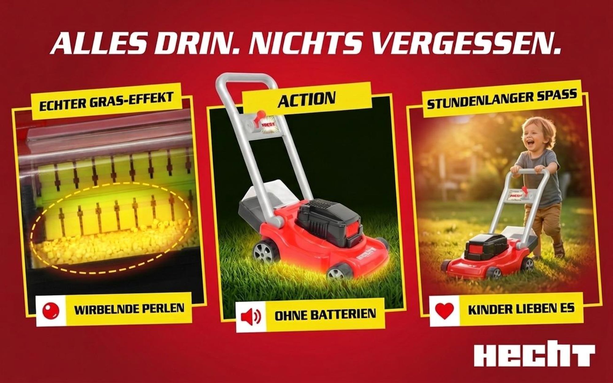 Kinder Rasenmäher Spielzeug HECHT 50437 | Wirbelnde Perlen-Fangkorb | Ohne Batterien | 52 cm Griffhöhe  EU