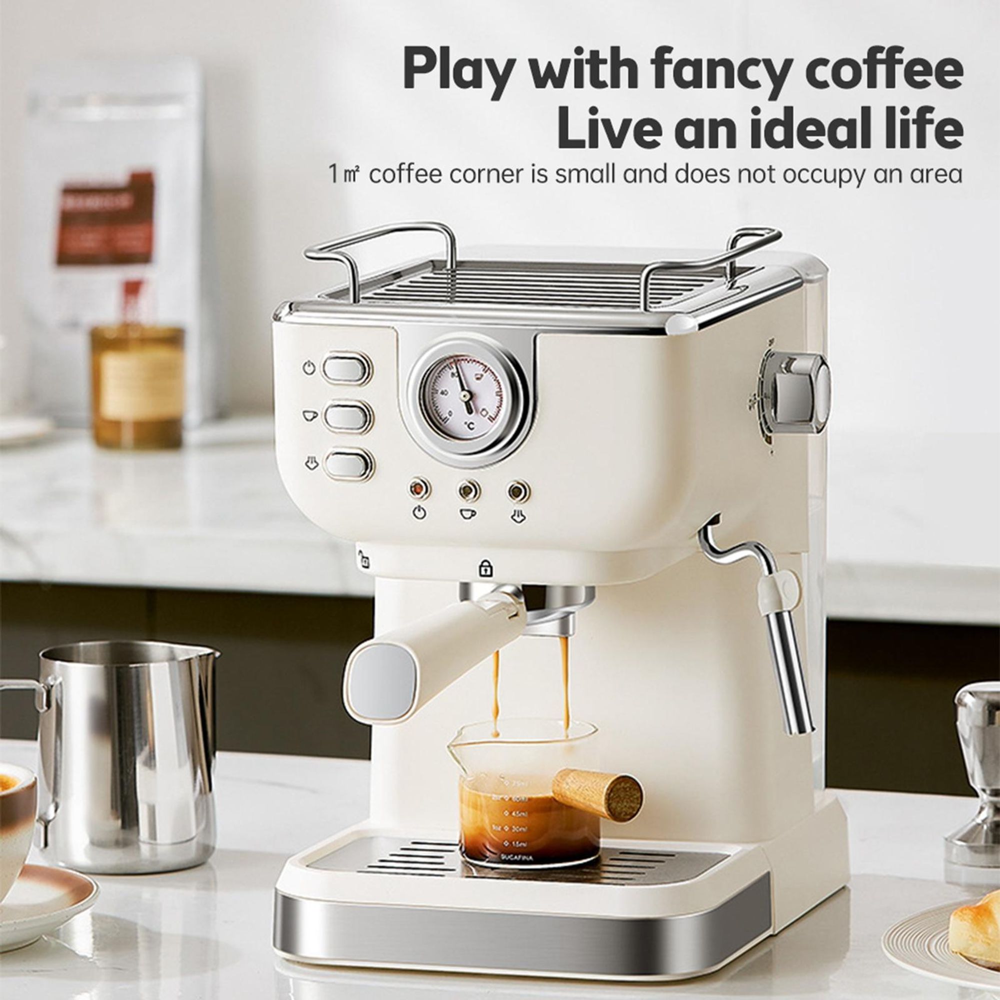 Espresso-Kaffeemaschine, 20 Bar, Edelstahl-Espressomaschine mit Milchaufschaeumer, Dampfstab, 2-in-1, 850 W, halbautomatische Cappuccino-Latte-Maschine mit 1,5 l/51 oz abnehmbarem Wassertank/Kaffee-Siebtraeger/Tamperloeffel