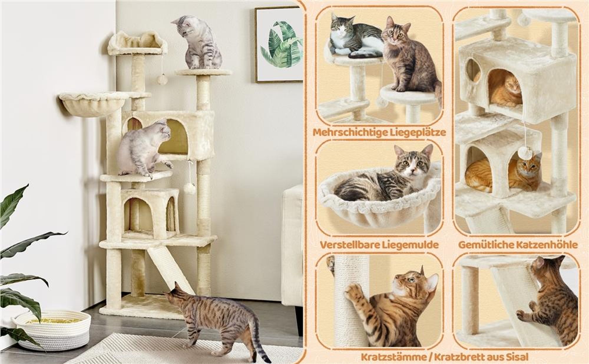 Yaheetech Kratzbaum 146 cm Katzenbaum mit 2 Katzenhöhlen & 3 Aussichtsplattformen, Beige