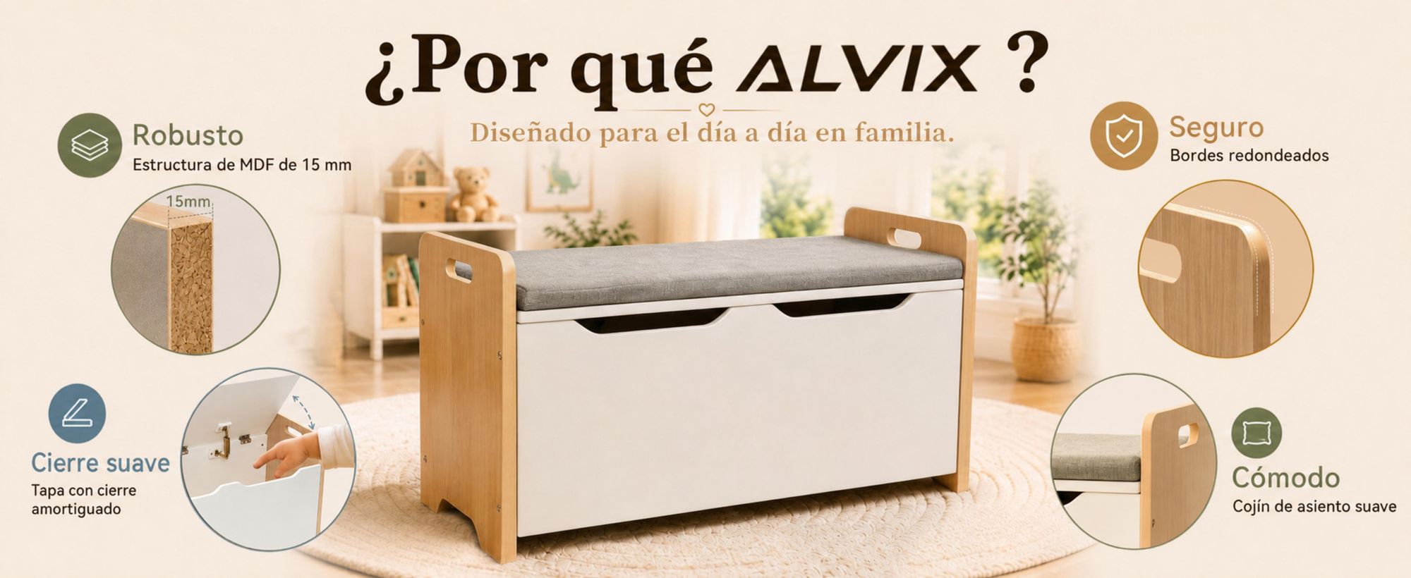 Caja de juguetes ALVIX con banco y cojín de 3 cm de grosor, banco infantil con espacio de almacenamiento, caja de juguetes con tapa de cierre suave, caja de almacenamiento para juguetes