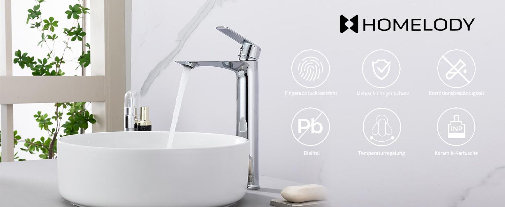Homelody Wasserhahn Bad mit Universal Ablaufgarnitur Armatur Mischbatterie Waschbeckenarmatur mit Weiß Pop-Up Ventil Messing Überlauf Abflussgarnitur