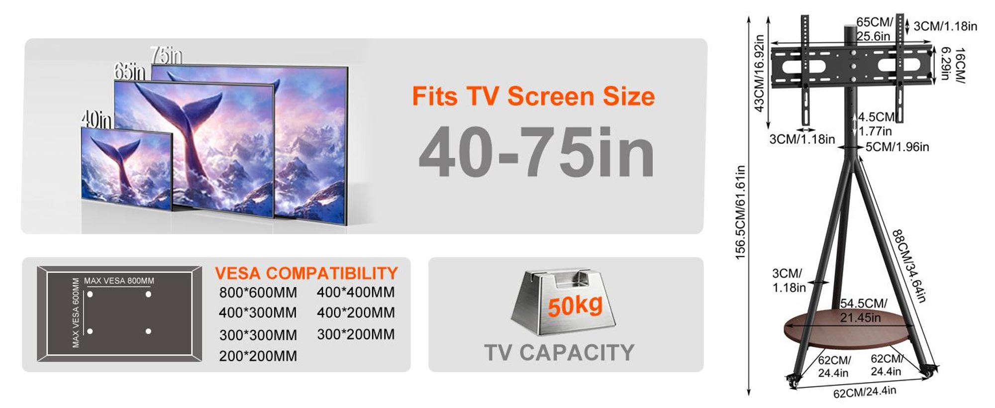 WISFOR TV Standfuss Rollbar für 40–75 Zoll Fernseher, TV Ständer mit Ablagen Höhenverstellbar bis zu 50 KG, Max. VESA 600 x 400mm, Schwarz