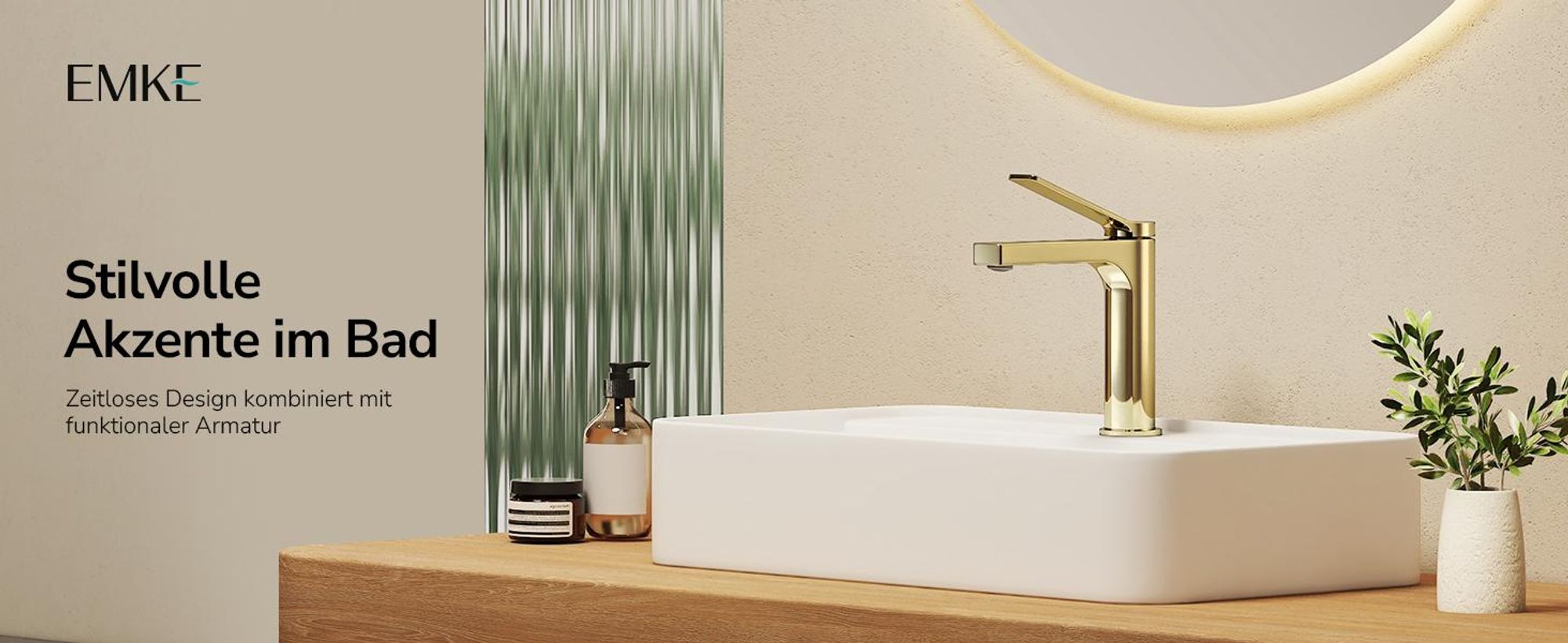 EMKE Wasserhahn Bad Champagner-Gold 195x173x46mm, Messing, Keramikkartusche, Badarmatur, Mischbatterie Waschbecken-Armatur, Waschtischarmatur