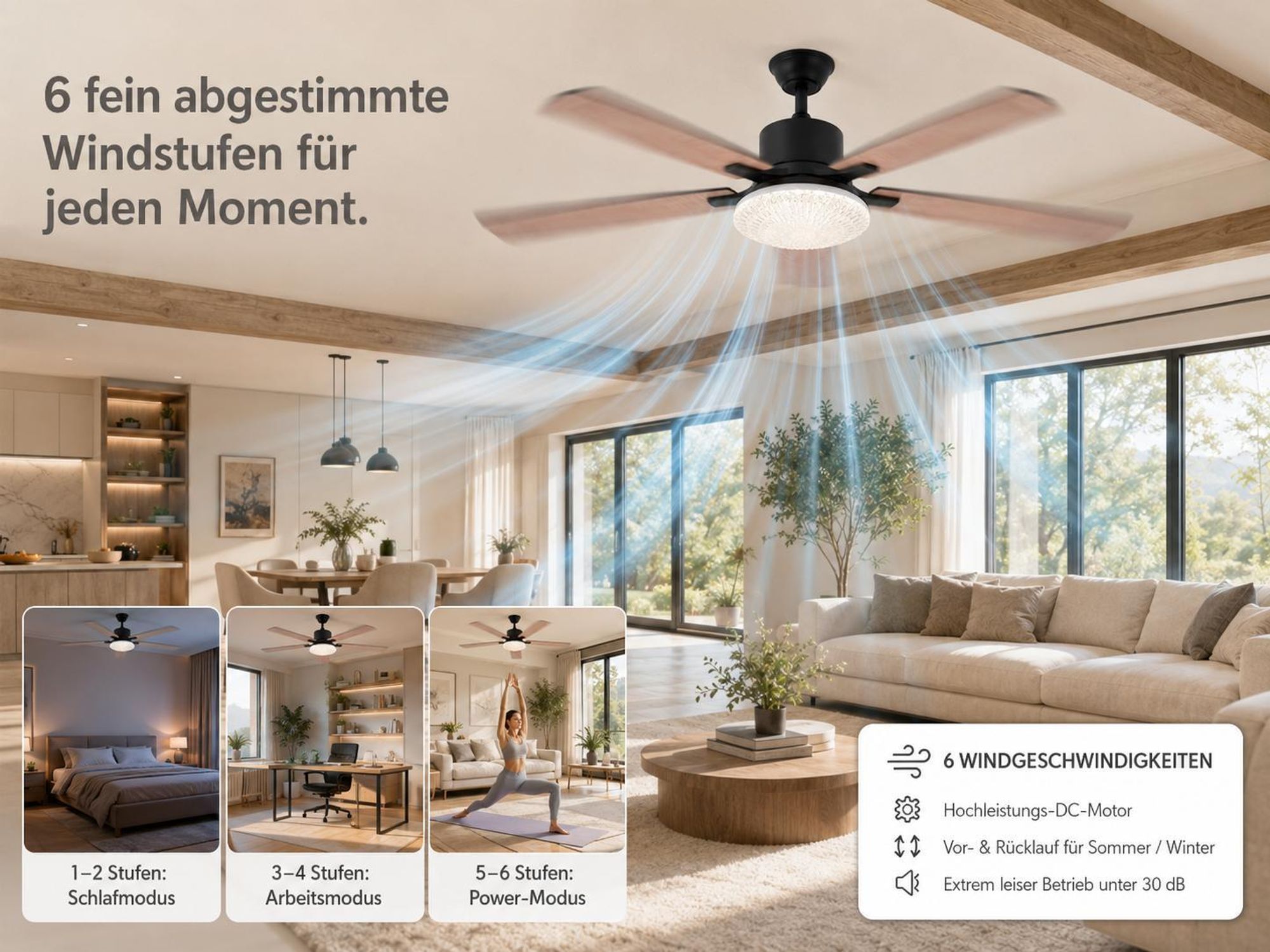 132 cm Deckenventilator mit Beleuchtung Holzoptik Ventilator Decke mit Licht Dimmbar 6 Stufen Leise Deckenlüfter Lüfter Lampe Wohnzimmer Schlafzimmer