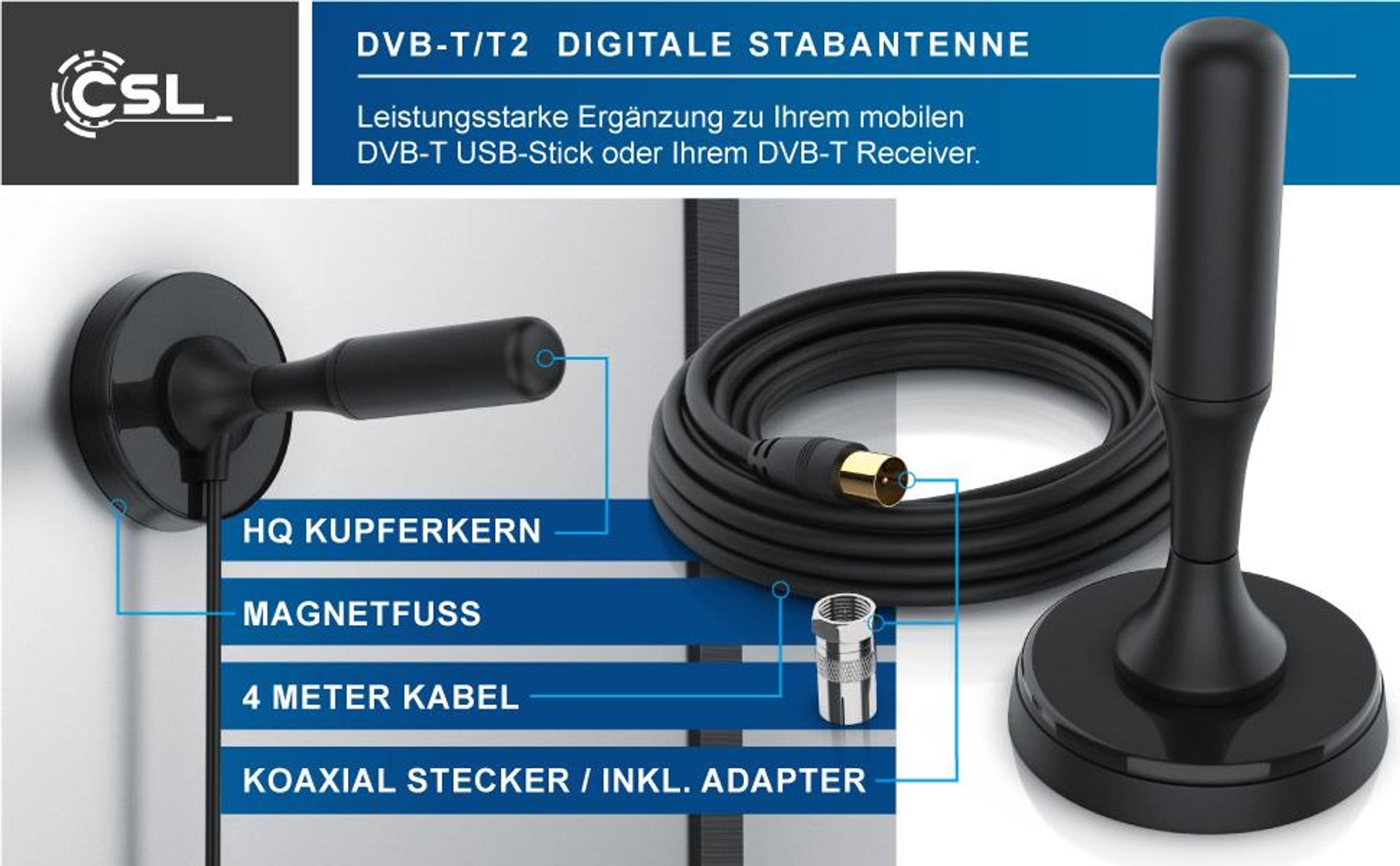 CSL Stabantenne DVB-T2, digitale Zimmerantenne mit Kupferkern und Magnetfuß, 5 dB Antennengewinn, 4 m Kabel, inkl. F-Stecker Adapter, 10 cm hoch, schwarz