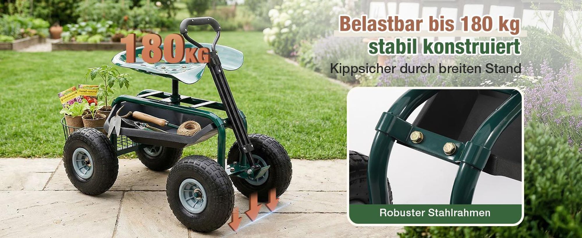 Sekey Kniebank Rollsitz Garten 360 Grad Drehbar Luftreifen Gartensitz Erntehilfe bis 180kg Belastbar Gartenhocker Griff Ablage für Gewächshaus