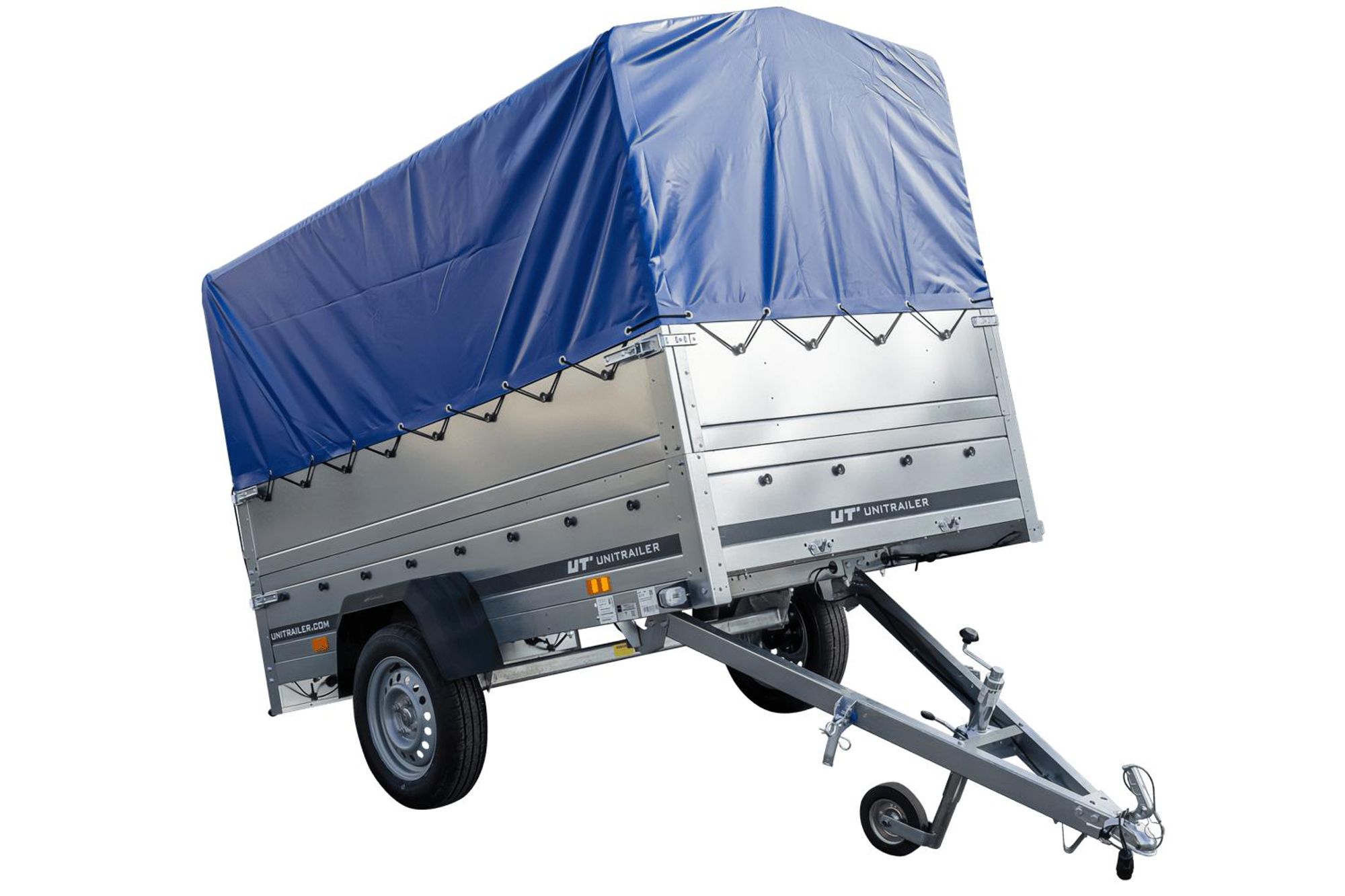 Przyczepka lekka 230x125 UNITRAILER GARDEN 230 KIPP z burtami BIS, stelażem H-800 i pokrowcem niebieskim