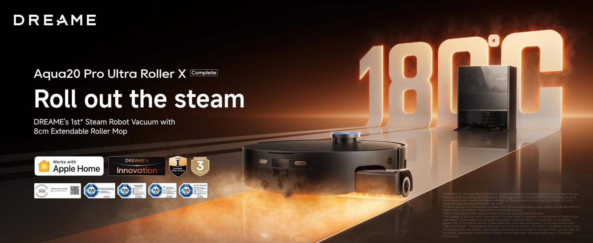 Dreame Aqua20 Pro Ultra Roller X Complete Nass-Trocken-Saugroboter,40KPa Saugkraft,180°C Dampf,8cm MopExtend,OmniSight 4.0,ProLeap 10cm,Marmor-Schwarz