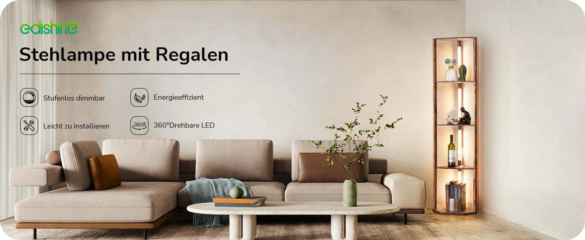 EDISHINE Stehlampe mit 4 Holz-Regal, LED Dimmbar Standleuchte Wohnzimmer, mit 360° Drehbarer Lichtmast, Eckregal Regalbeleuchtung