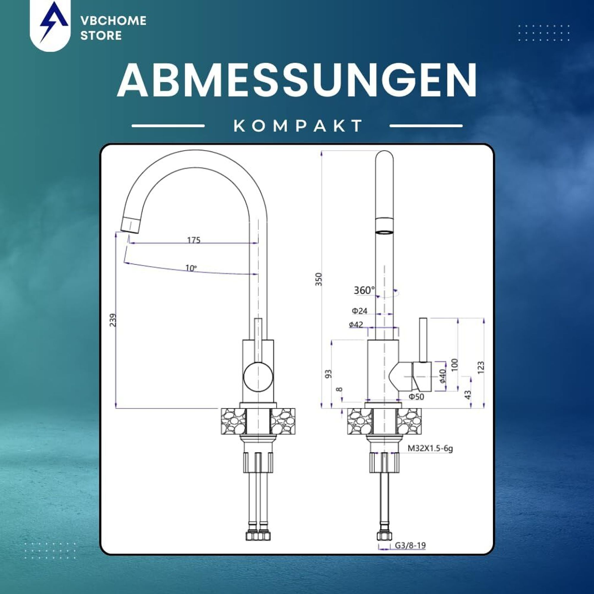 VBChome Küchenarmatur Gebürsteter Edelstahl Granitoptik 360° drehbar – Einhebel Armatur für Spüle, Wasserhahn modern für Spültisch