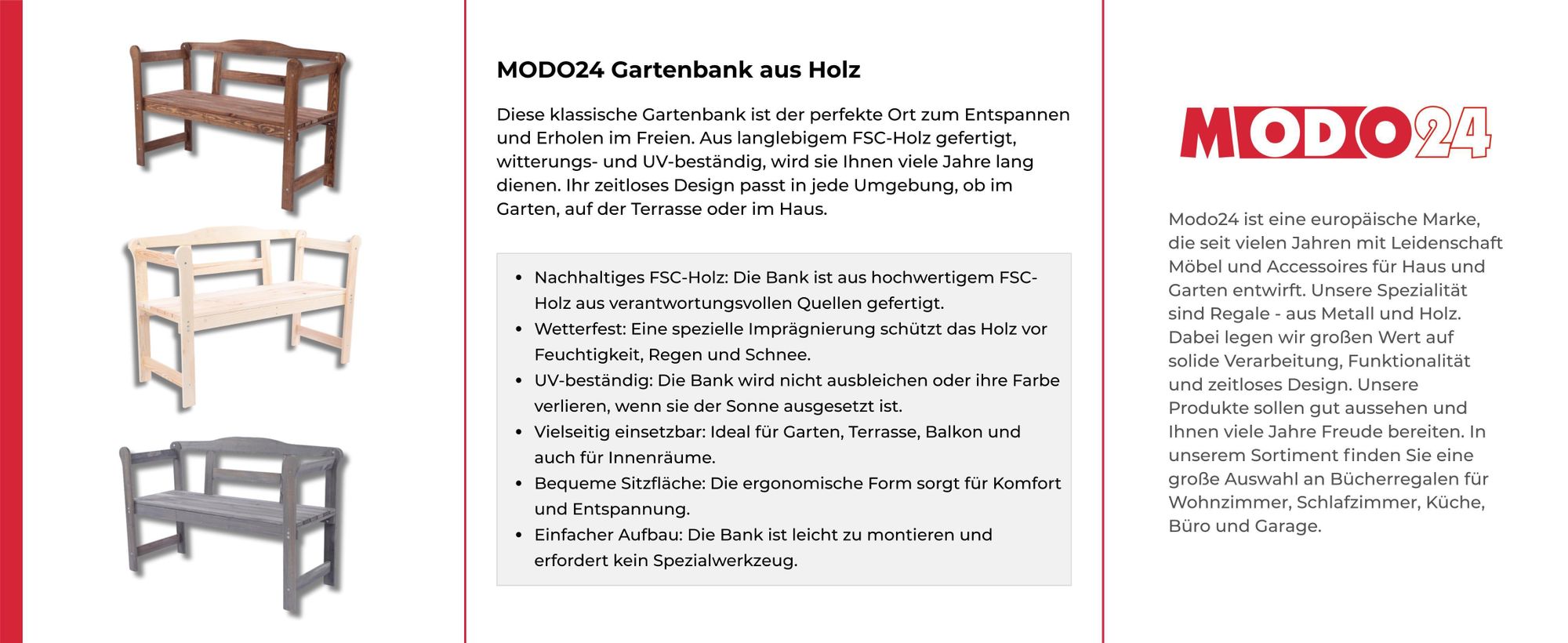 MODO24 Gartenbank Holz, 2-Sitzer, Friesenbank, Parkbank, Sitzbank, Massivholz, 46x118x78 cm, Grau Imprägniert, G01