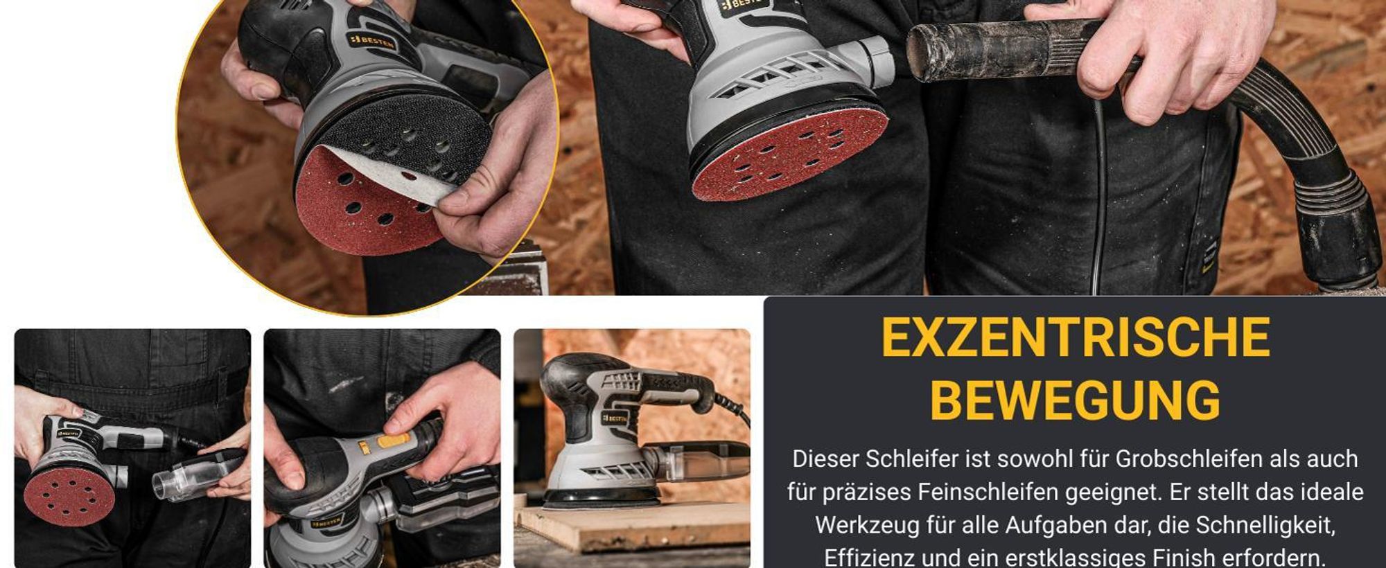 Exzenterschleifer 400W, Drehzahlregelung, Staubabsaugung, 16× Schleifpapier