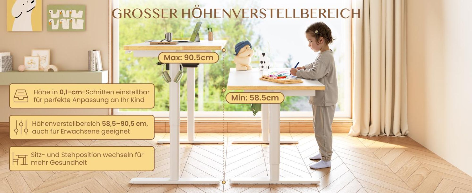 FLEXISPOT Kinderschreibtisch, Elektrisch höhenverstellbar mit neigbarer Tischplatte, LED-Höhenanzeige, 3 Speicherplätzen & Kindersicherung, 110×52 cm