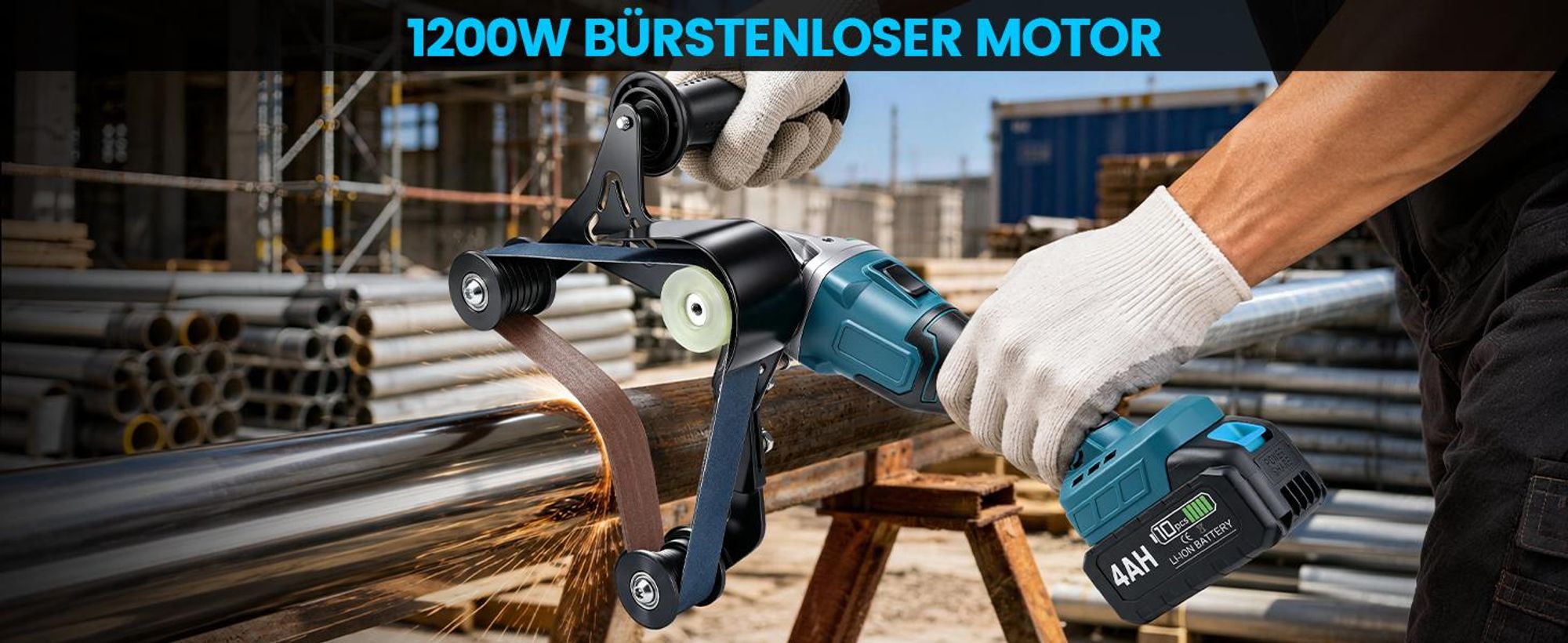 1200W 3-in-1 Akku Rohr-Bandschleifer mit 2×4000mAh Akku, 3Gang 9000U/min, 240° Rohrschleifer Bandschleifer zum Polieren Veredeln Entrosten von Rohren